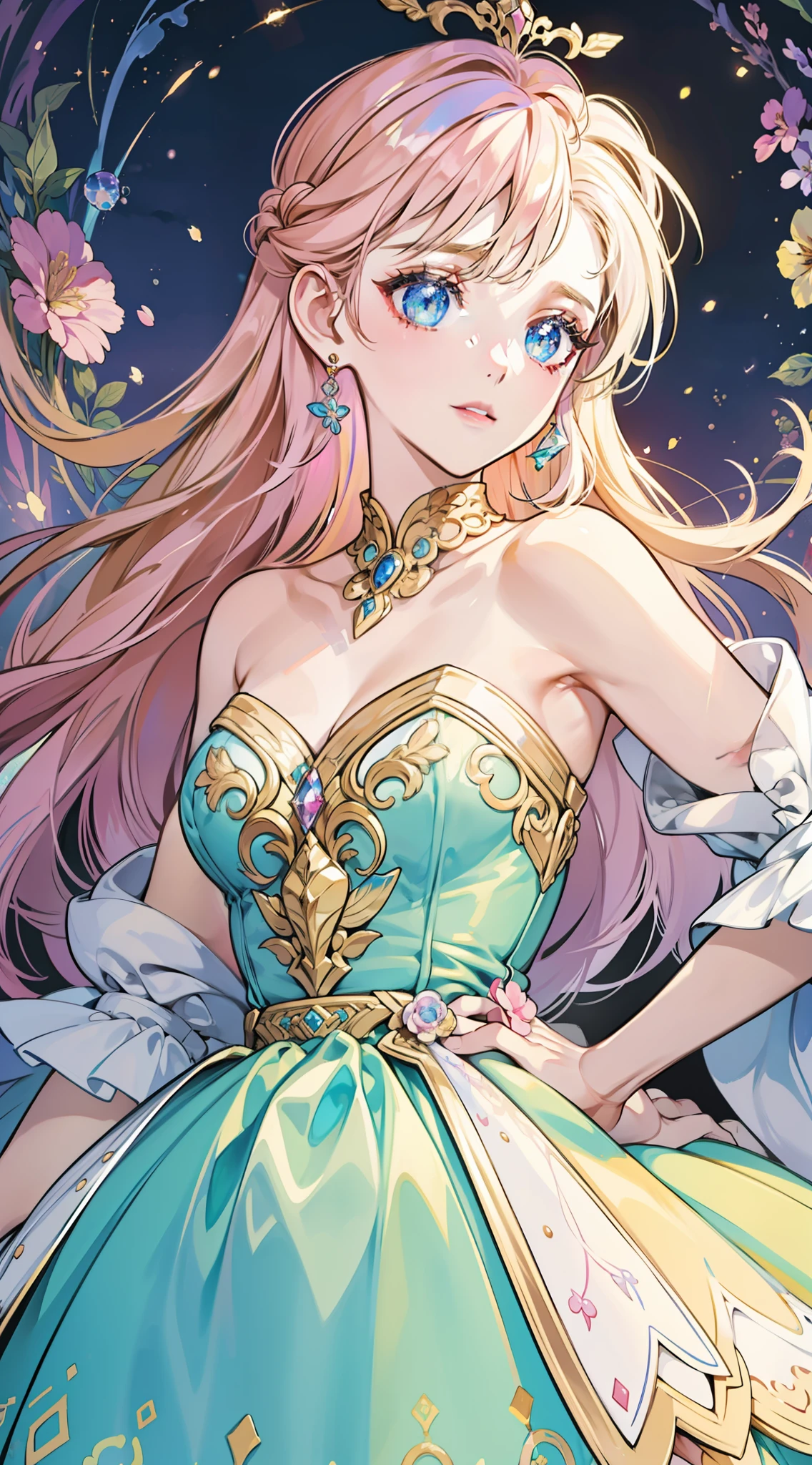 masterpiece, best quality, 8k resolution, sharp focus, intricate detail, beautiful girl, sparkling eyes, golden ratio face, otherworldly liquid, watercolor, ((pastel colors)), bright colors, whimsical, colorful, sharp focus, high resolution, fine detail, ((ballgown made of liquid)), iridescent bubbles