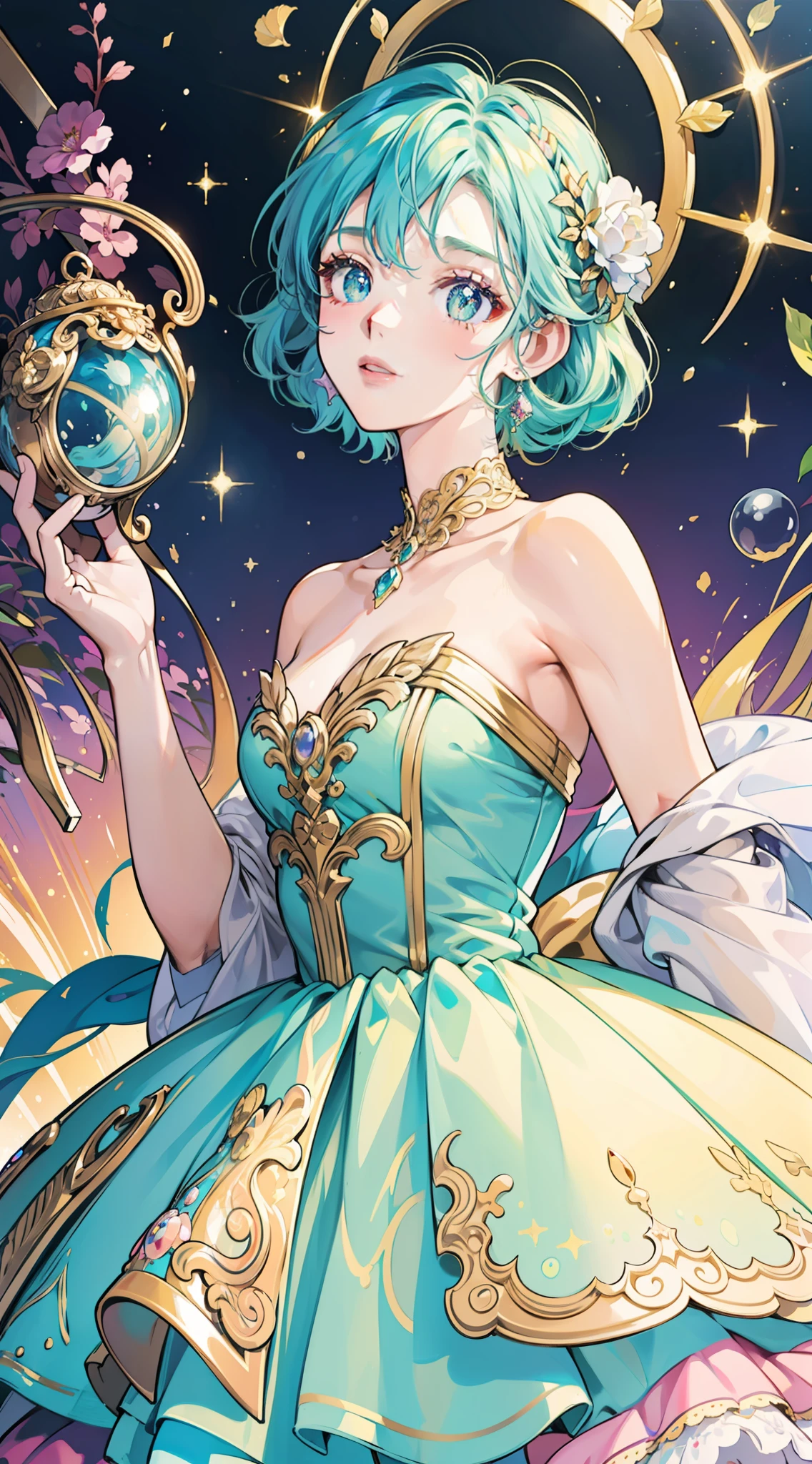 masterpiece, best quality, 8k resolution, sharp focus, intricate detail, beautiful girl, sparkling eyes, golden ratio face, otherworldly liquid, watercolor, ((pastel colors)), bright colors, whimsical, colorful, sharp focus, high resolution, fine detail, ((ballgown made of liquid)), iridescent bubbles