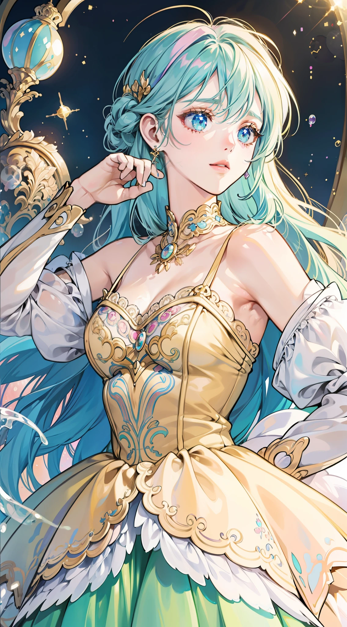 masterpiece, best quality, 8k resolution, sharp focus, intricate detail, beautiful girl, sparkling eyes, golden ratio face, otherworldly liquid, watercolor, ((pastel colors)), bright colors, whimsical, colorful, sharp focus, high resolution, fine detail, ((ballgown made of liquid)), iridescent bubbles