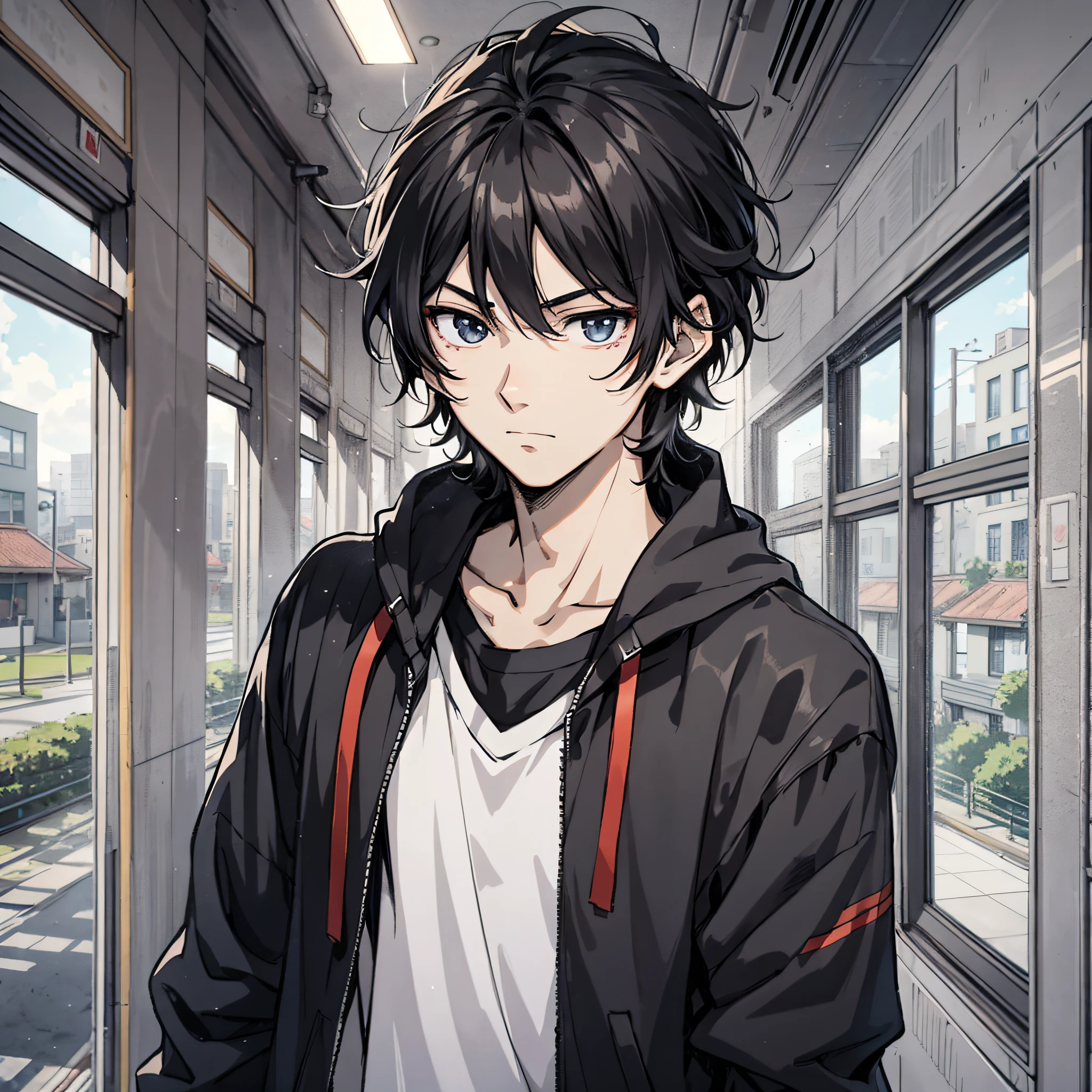 Anime style 4K,Anime rendering,style of anime,China Campus,A young man with messy black hair,on the campus,are standing,A puzzled expression