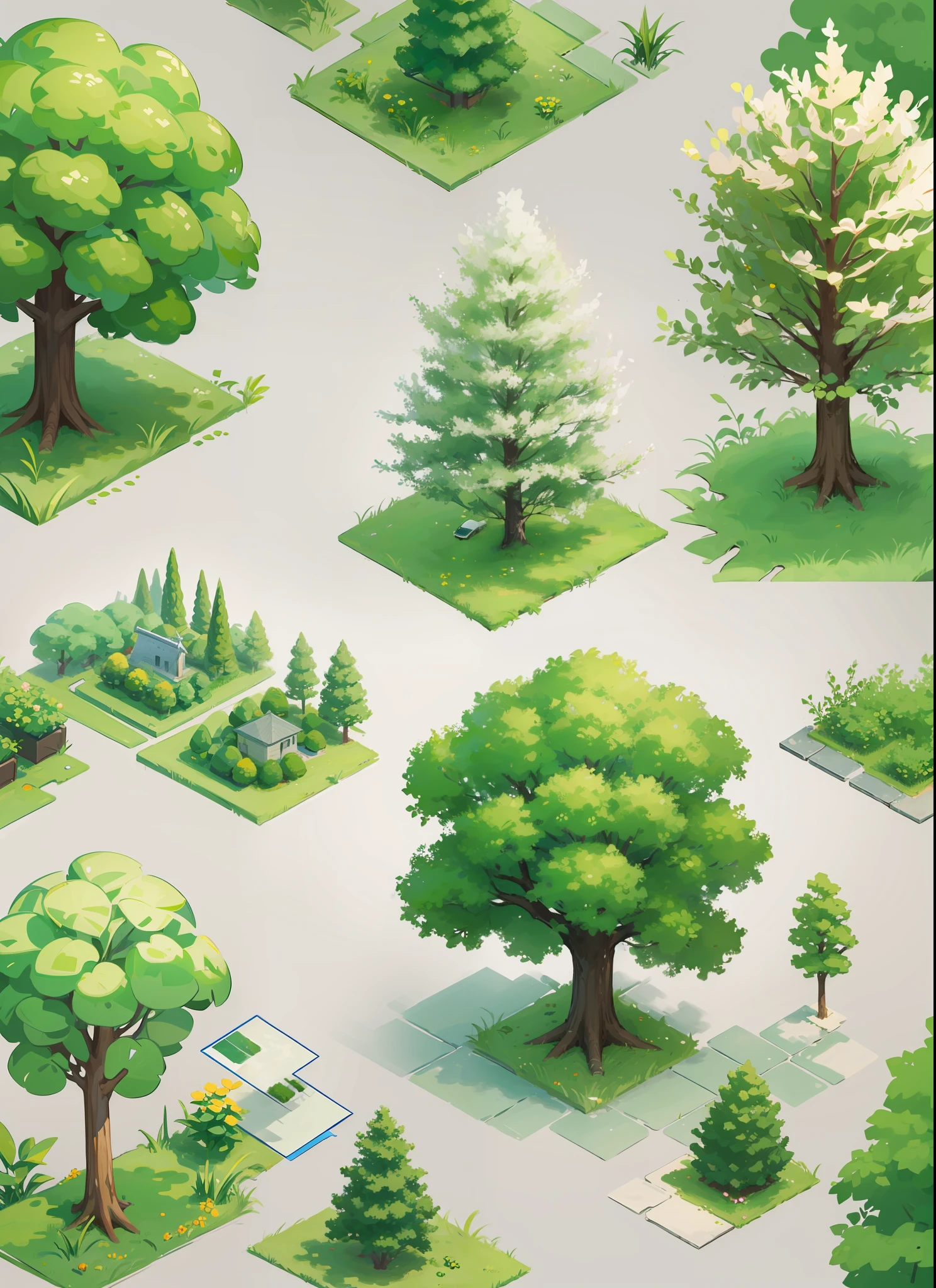 1 Isometric Tree, game art, white background, 1 Tree, Realistic Leaves, Detailed