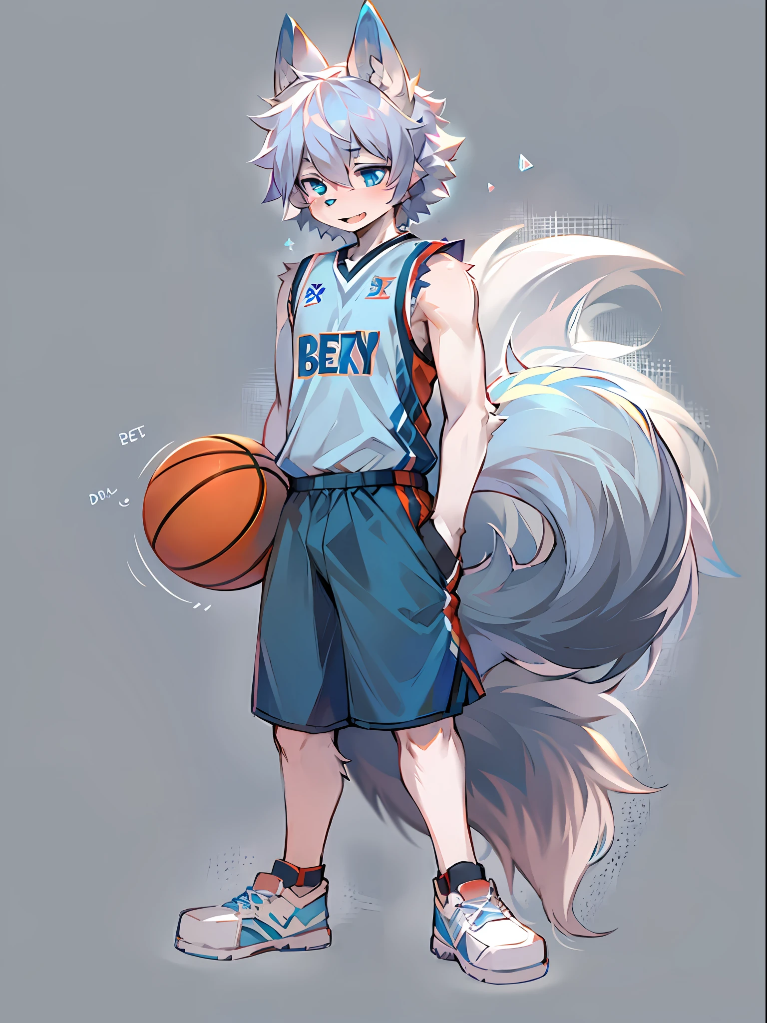 Furry,Wolf boy,White fur,crystal blue eyes,Single fluffy tail,greyt hair,short detailed hair,wearing basketball outfit