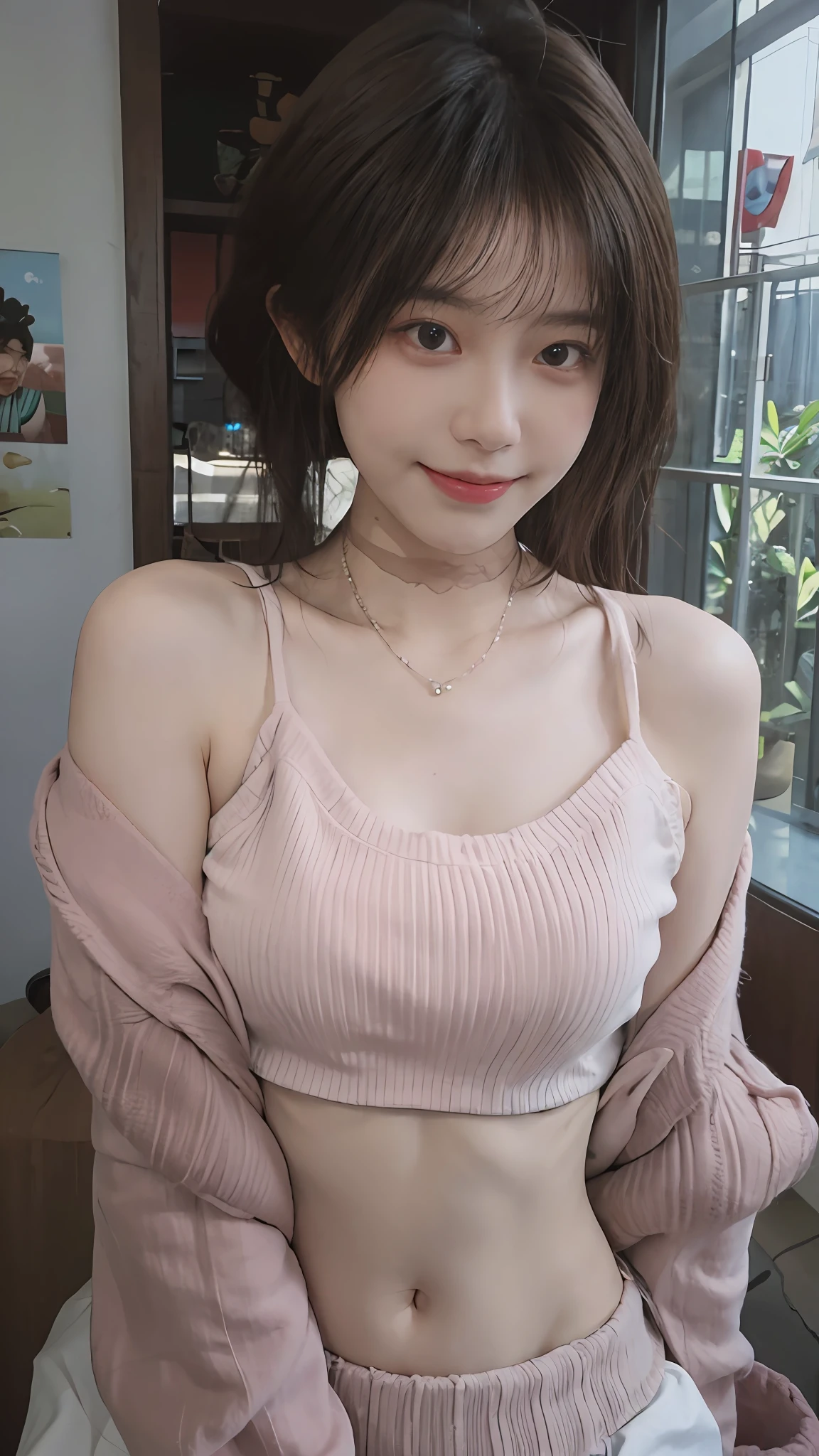 best qualtiy, 超高分辨率, (realisticlying:1.4),cute hairpin,Baoyu Girl,1girll, Beautiful woman with a slim figure:1.4, Abs:1.2, (A brown-haired, mideum breasts:1.3), Long pink sweater:1.4, 浴室,Ultra-fine face,Elaborate Eyes,二重まぶた,ssmile,choker necklace
