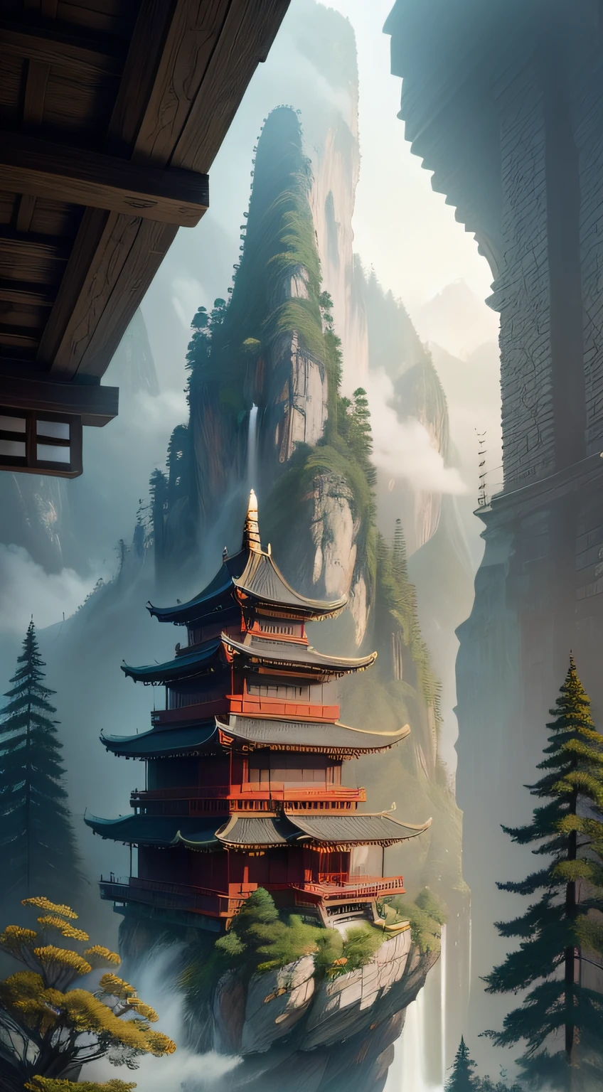 {{Extremely detailed CG}}, ((Masterpiece)), ((Best quality)), 32k uhd,Epic composition, Chinese ink painting with rice paper texture, ancient Chinese architecture, pavilions and towers situated on cliffs in mountain forests, misty clouds, flowing water, pine trees, forests, creating a grand and distant artistic conception.