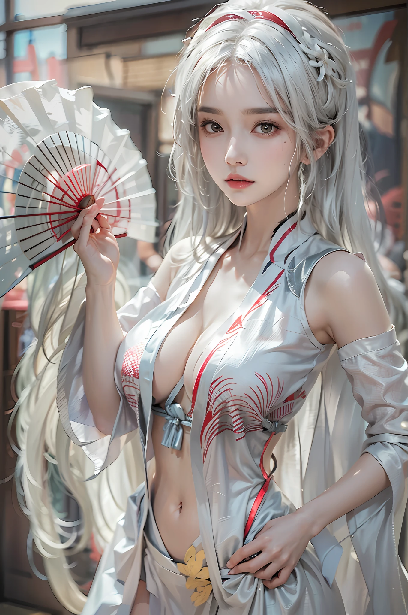photorealistic, high resolution, 1women, solo, hips up, look at viewer, (detailed face), white hair, long hair, shiranui_mai_suit, pelvic curtain,hand fan