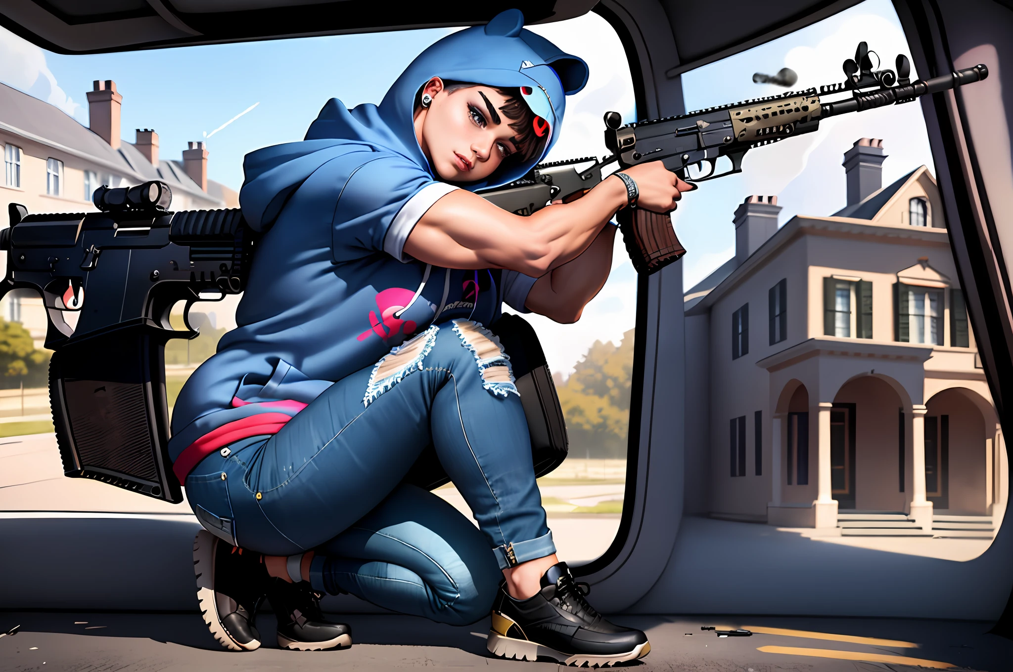 (((((Beautiful girly boy wearing baggy hoodie and tight jeans, holding a FN FAL assault rifle, firing at some goons behind a limousine at the outskirts of a mansion))))), crouching, full body, full-length portrait, 1boy, amber eyes, belly, biceps, big bulge, huge bulge, big muscles, big pecs, black hair, blush, curled hair, curly hair, curvy, drill curls, ear piercing, ear rings, earrings, eyeliner, eyeshadow, fat mons, femboy, freckles, fupa, girly, girly boy, jewelry, long eyelashes, long hair, long nose, looking at viewer, makeup, male, male focus, mole under eye, musclegut, muscular, muscular male, otoko no ko, parted bangs, pecs, pectorals, ringlets, sanpaku, tsurime, slightly chubby, solo, solo male, stocky, swept bangs, tan, tanned, thick eyebrows, thick neck, thick thighs, trap, close-set eyes, amber eyes, action scene, crime wars