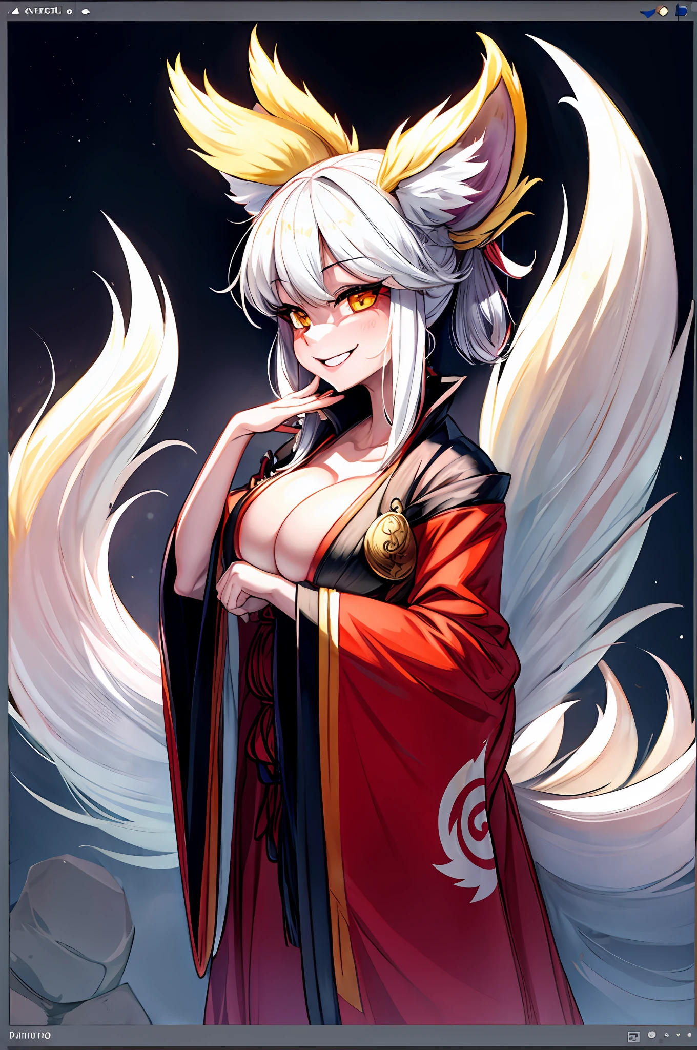 kitsune, 1tail, huge breasts, smiling,