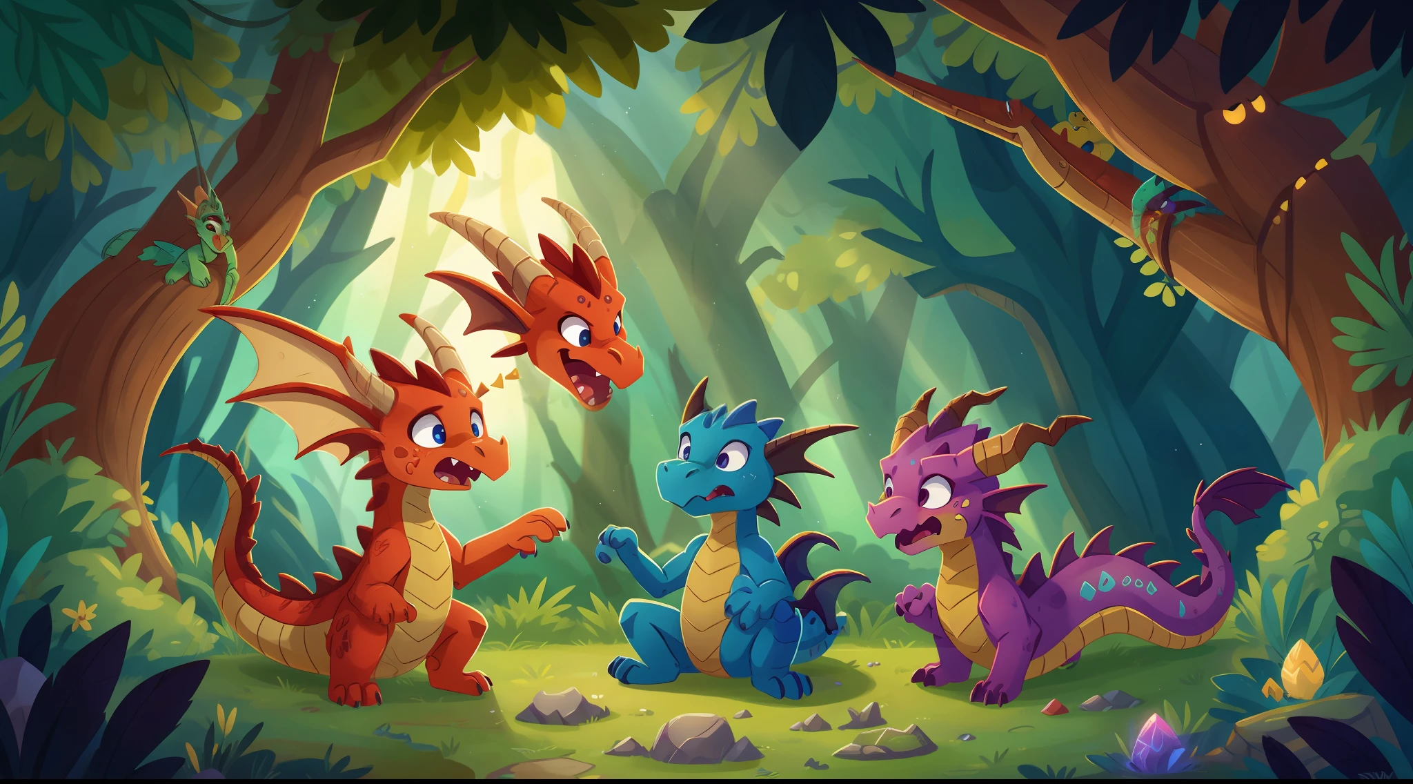 magical realm, playful dragon, Draco em voo, Chamas ardentes, Dentes afiados, Young dragons, worried expressions, Aventura emocionante.