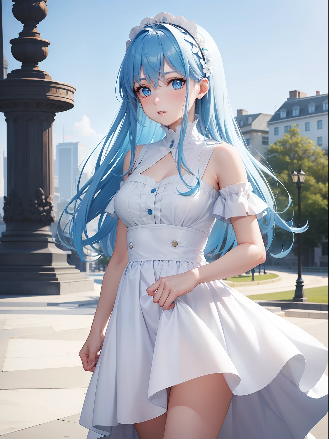 a women, blue hair, blue eyes, white dress