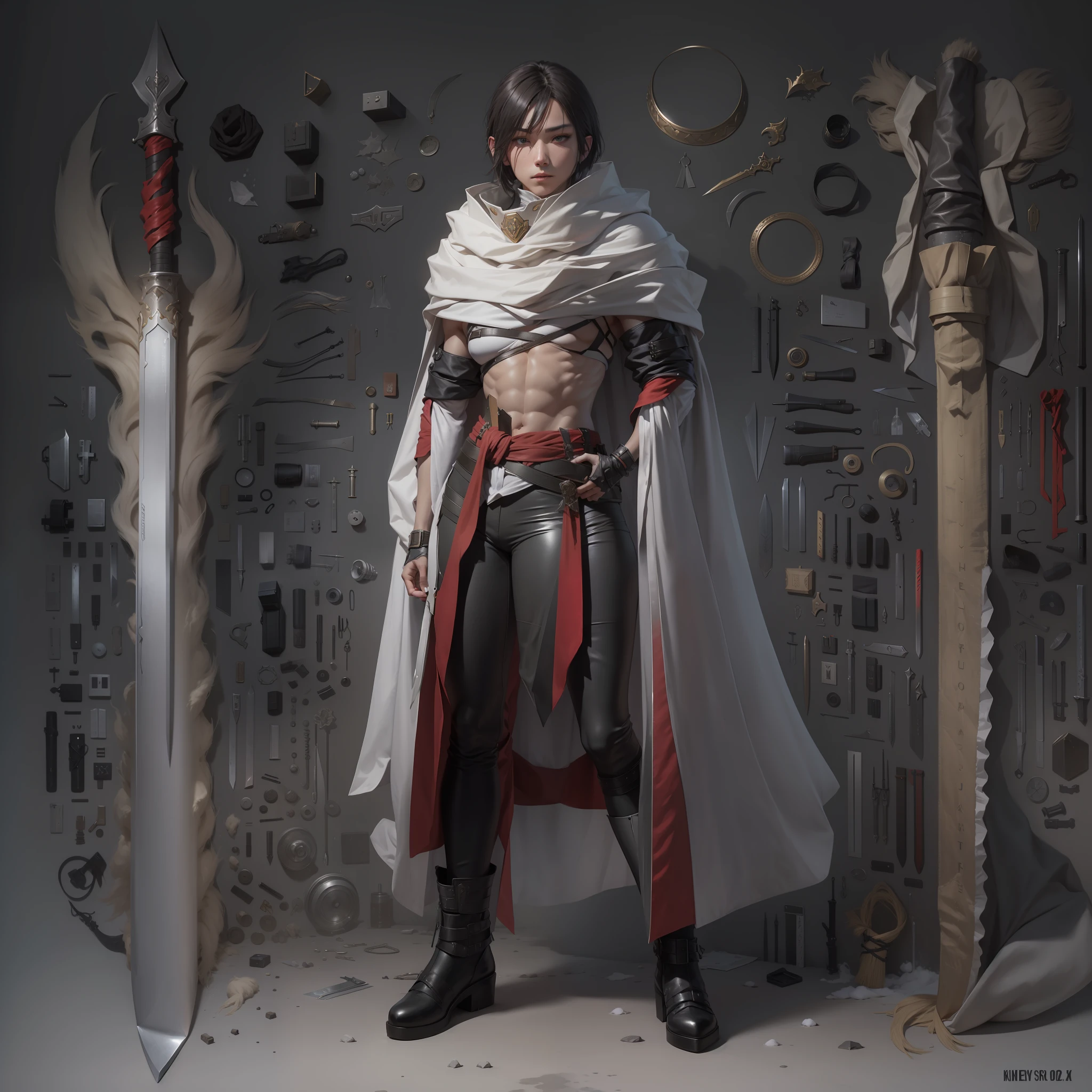 heavy snowy,new products, arma, The sword, halter, Weapons of the future, 32K, Linen cloak, Top quality, Masterpiece:Faust,,1 child, short detailed hair, thin fog, Squat, (tmasterpiece,k hd,hyper HD,16k),clutching a sword, buliding, Reflectors, bloods, Eastern Asia, Weapon focus, Skysky, brunette color hair, knifes, shorter pants, fumo, Mist, The clothes ar, bandagens, sword sheath, Leather, 独奏
