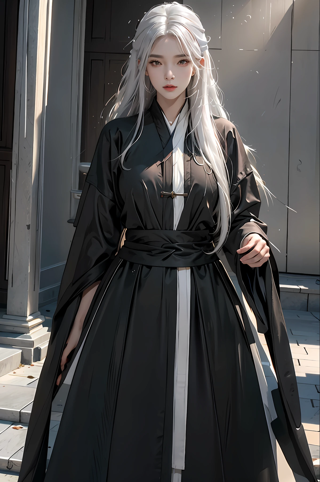photorealistic, high resolution, 1women, solo, hips up, look at viewer, (detailed face), white hair, long hair, black Taoist robe,oversized clothes