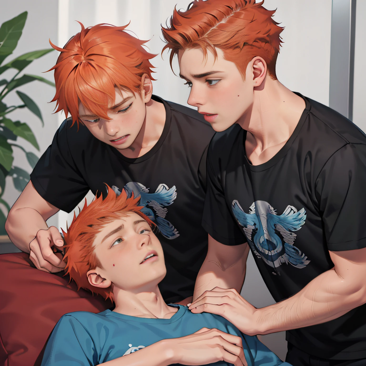 Orange-haired 15-year-old cries with sadness that his friend has died