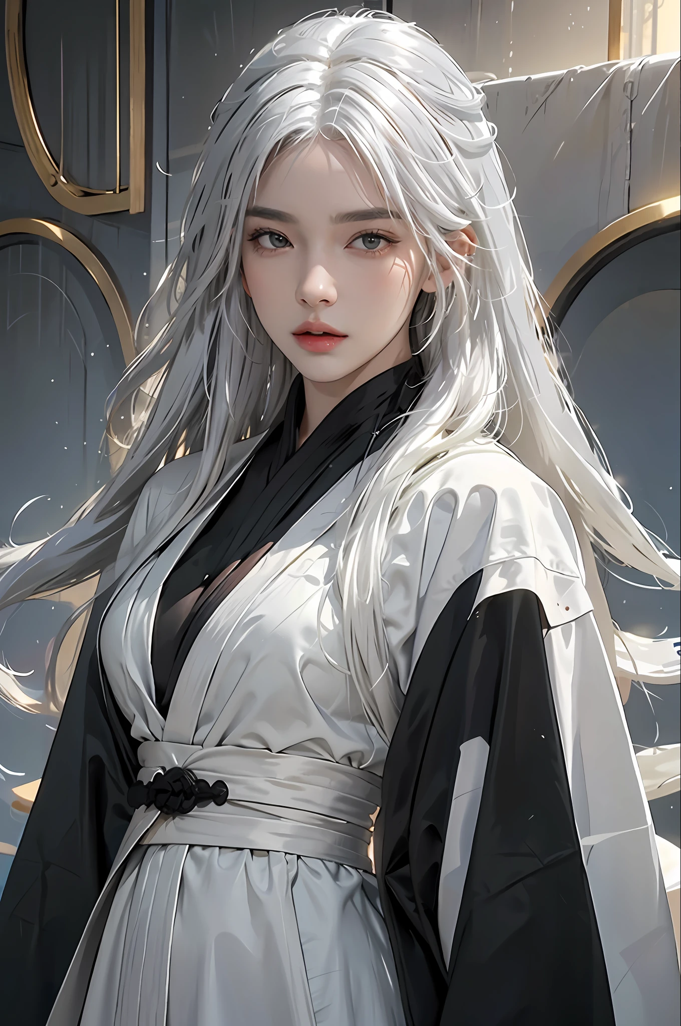 photorealistic, high resolution, 1women, solo, hips up, look at viewer, (detailed face), white hair, long hair, black Taoist robe,oversized clothes