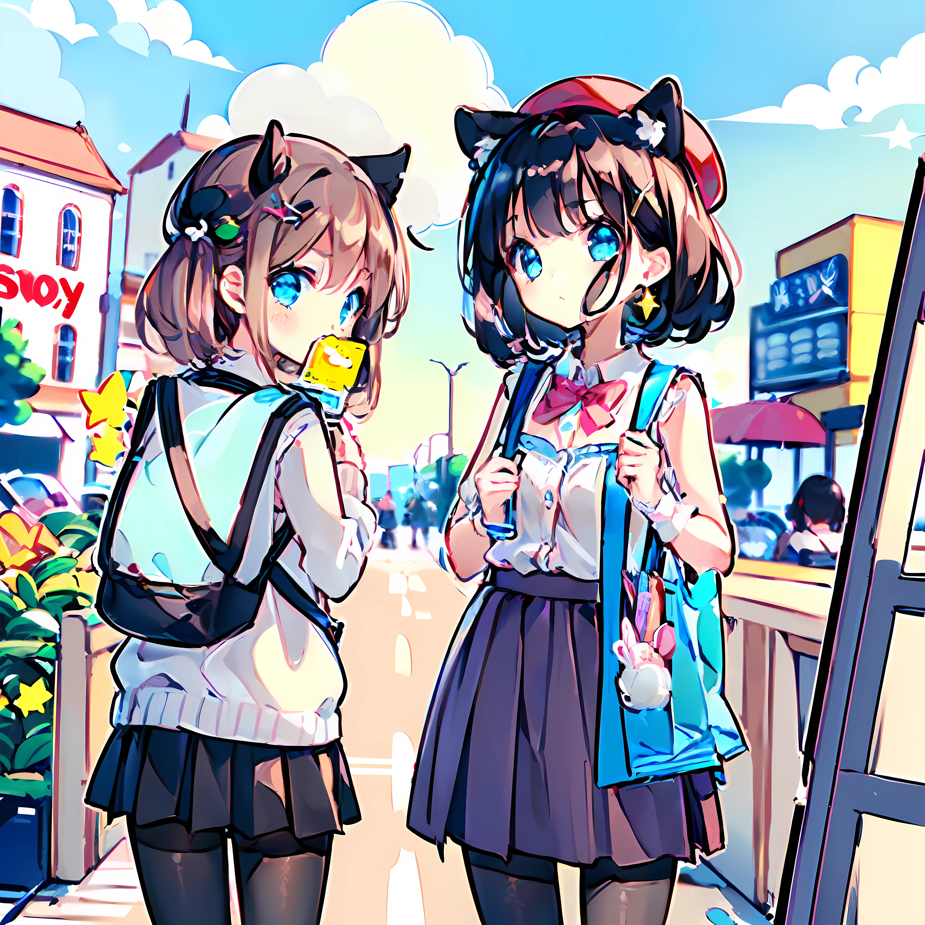 2girls,(Highly detailed CG Unity 8k wallpaper), (Best Quality), (Super Detail), (Best Illustration), (Best Shadow), POV, Realistic lighting and shading, Natural light, Lens flare effect, BREAK, (shopping date:1.2), (supermarket:1.5), (several female customers, paying at cash register) AND,2girls, 1 beautiful girl, Solo,(Cute:1.5),(Chibi:0.8), (kawaii:1.5),(Lori:0.5), BREAK, ((girl, Cute, Cheerful, Loli face, slightly bulging chest,(A dark-haired,Disheveled short bob,tareme:1.2), gleaming skin, Stuffed rabbit,BREAK,(rucksack:1.2), (white shirt,Pink cardigan, :1.2), (White rabbit ear headband:1.0), (Black sneakers:1.0), (jewely, brooches,star-shaped earring:1.1), (beret, X Hair Ornament:1.3), (vertical-striped skirt, striped pantyhose:1.1), (:C),AND,2girls, ding, Natural Light, Lens Flare Effect, BREAK, 1 beautiful girl, solo, (Cute: 1.5), (Chibi: 0. 8), (Kawaii: 1.5), (Loli: 0. 5), BREAK, (( girl), very detailed, colorful, best detail, BREAK, (big tits: 1. 2,), clear skin, beautiful skin, shy, 1 beautiful girl, brown hair, (cat ears, pony tail, medium long hair: 1. 2), (light blue eyes, long eyelashes, double eyelids: 1.2), solo, glowing skin, BREAK, (skirt-by-the-way, mini skirt, black pantyhose: 1.2), (sleeveless, sleeveless shirt, red shirt: 1.2), (star-shaped earrings: 1.1), (lace catsuit: 1.0), (cute accessories: 1. 3), (frowning, thinking: 1.1 ), (standing, slouching:1.3), (purse in right hand, shopping cart hanging from left arm), (frontal angle:1.1)