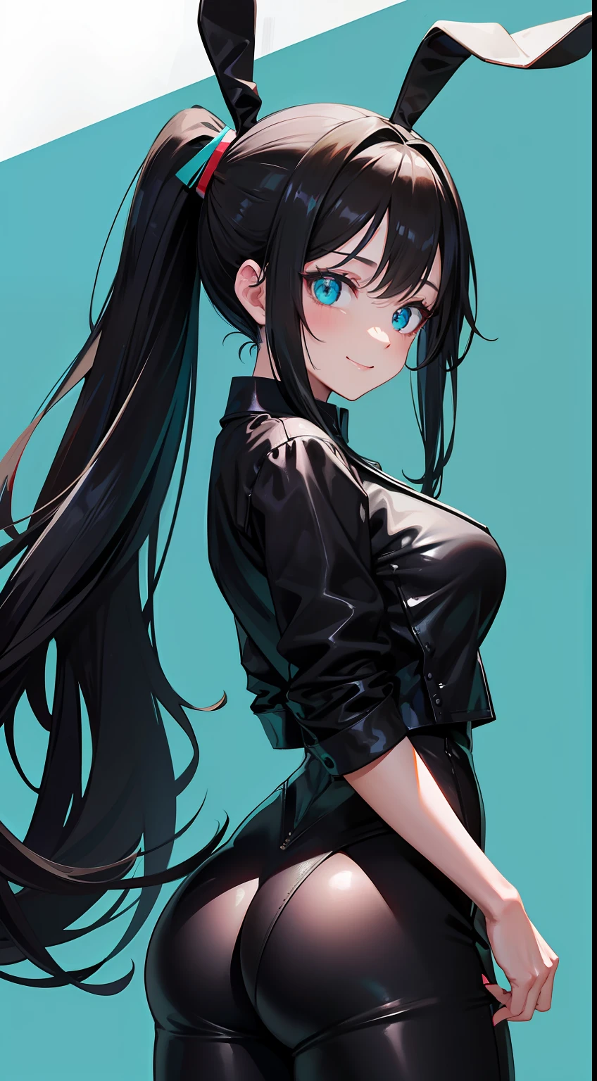 Adult woman, Long black hair, high ponytail, bunny ears, turquoise eyes, black skintight clothes, ssmile, Masterpiece, hiquality