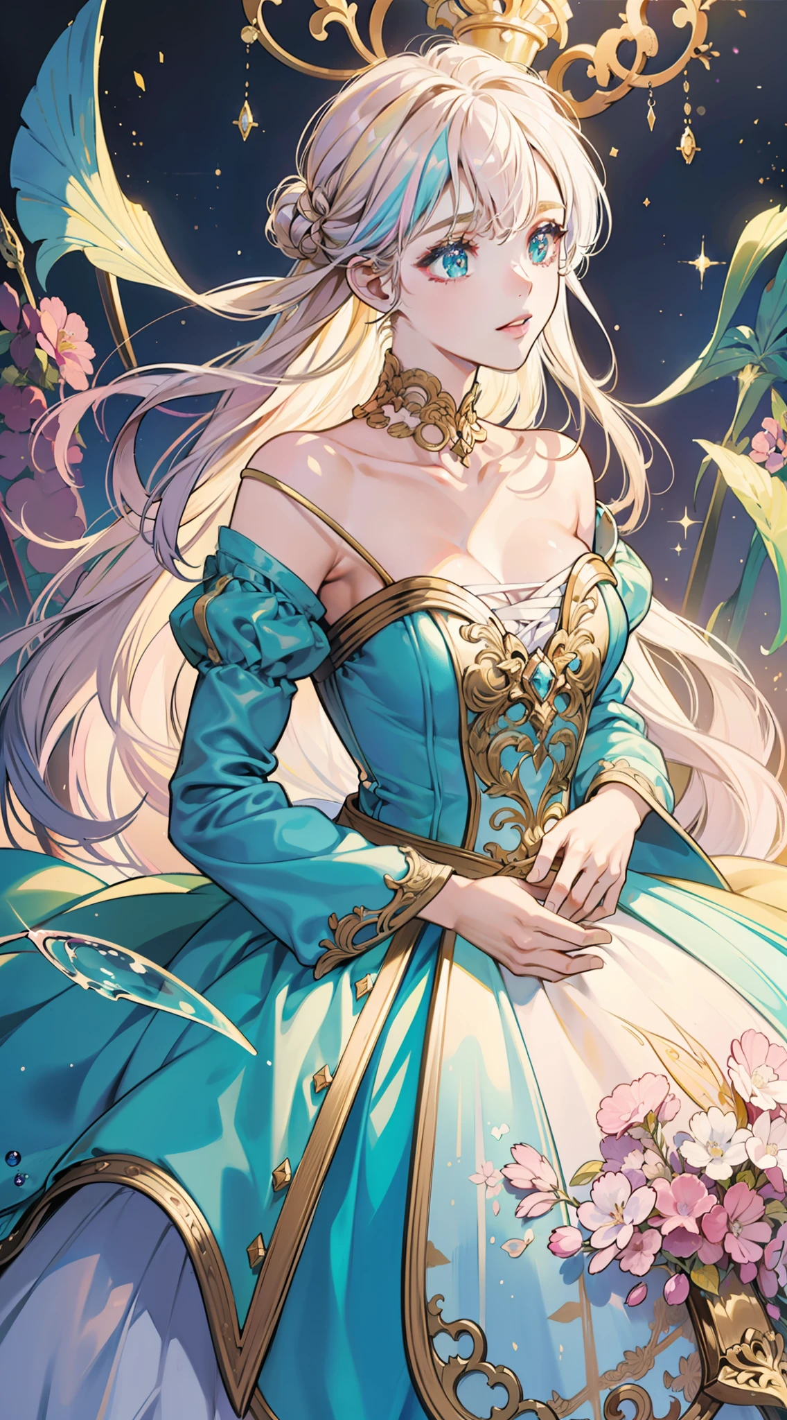 masterpiece, best quality, 8k resolution, sharp focus, intricate detail, beautiful girl, sparkling eyes, golden ratio face, otherworldly liquid, watercolor, ((pastel colors)), bright colors, whimsical, colorful, sharp focus, high resolution, fine detail, ((ballgown made of liquid)), iridescent bubbles