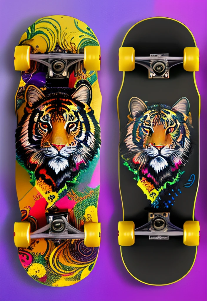 Three skateboards with different designs on them on a purple background, skate detalhado, cores brilhantes altamente detalhadas, arte do skate, altamente detalhado e colorido, Highly detailed illustration.", cores altamente detalhadas, impressionante estilo de arte detalhado, colorido hiperdetalhado, arte vetorial altamente detalhada, close up alto detalhado, Highly detailed illustration, Meio tigre, incrivelmente detalhado, skate, illustration detailed