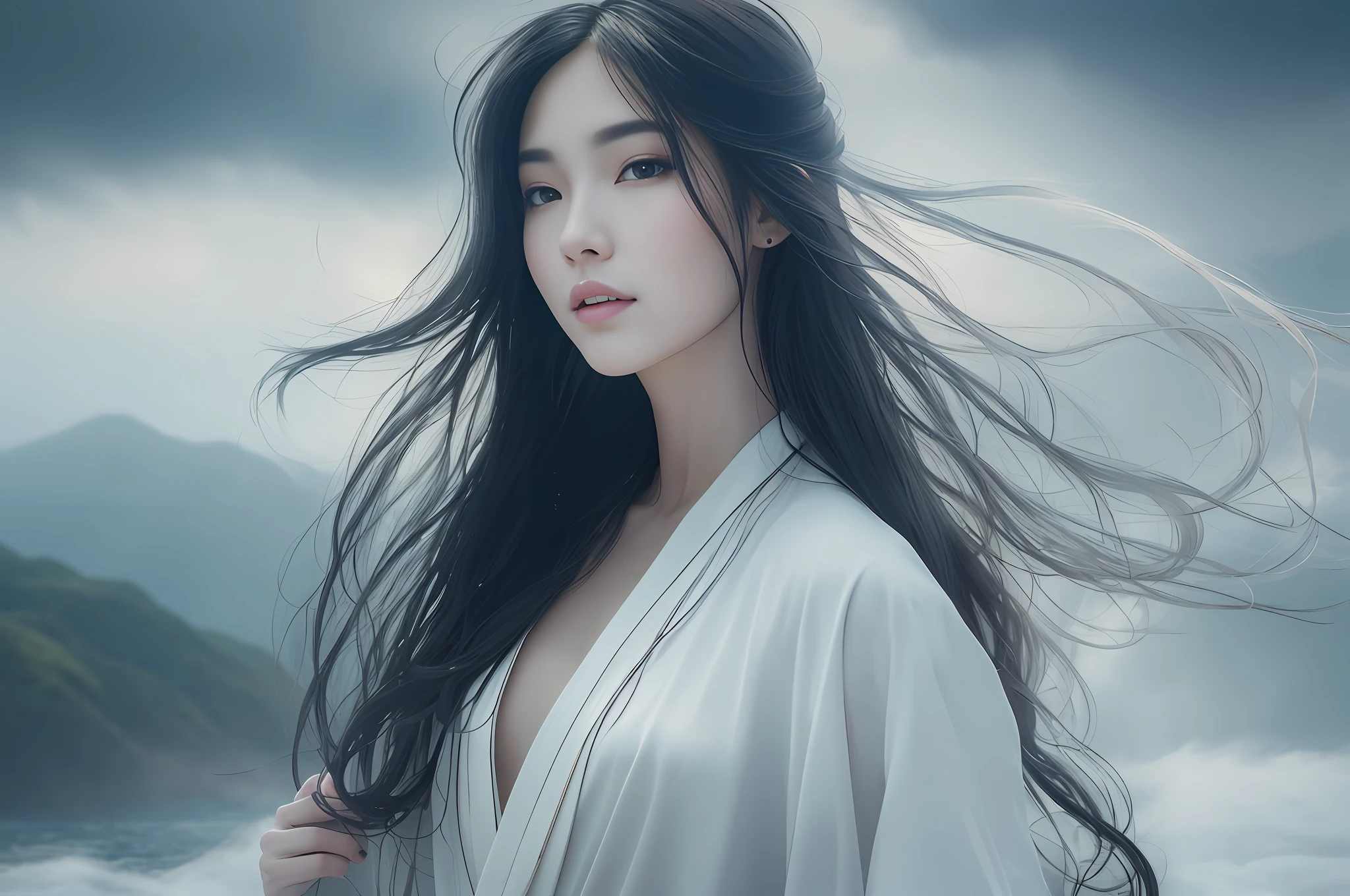 Beautiful ethereal young beauty，Wearing a flowing white Chinese robe。The camera captures a young woman standing gracefully on the water，It is surrounded by white clouds and mist，Adds an otherworldly touch to the scene。The young beauty's long black hair and robe were blown by the wind，It adds movement and fluidity to the picture。Use Midjourney's advanced brush tools to create intricate folds and textures on young women's robes and hair，And experiment with different color palettes and brushstrokes to bring out the ethereal quality of the scene。The image of the young woman is sometimes obscured by the fog around her，It also increases the beauty of young women，Make the scene full of mystery and fascination。Leverage Midjourney's powerful tools，You can bring this captivating and ethereal scene to life with incredible detail and beauty。 hdr，（真实感，Masterpiece quality，best qualtiy），，PureErosFace_V1，Urzang-6500-V1 Edition, Edition, Edition, Edition.1，，((((Solo))))，(((((Long flowing hair)))))