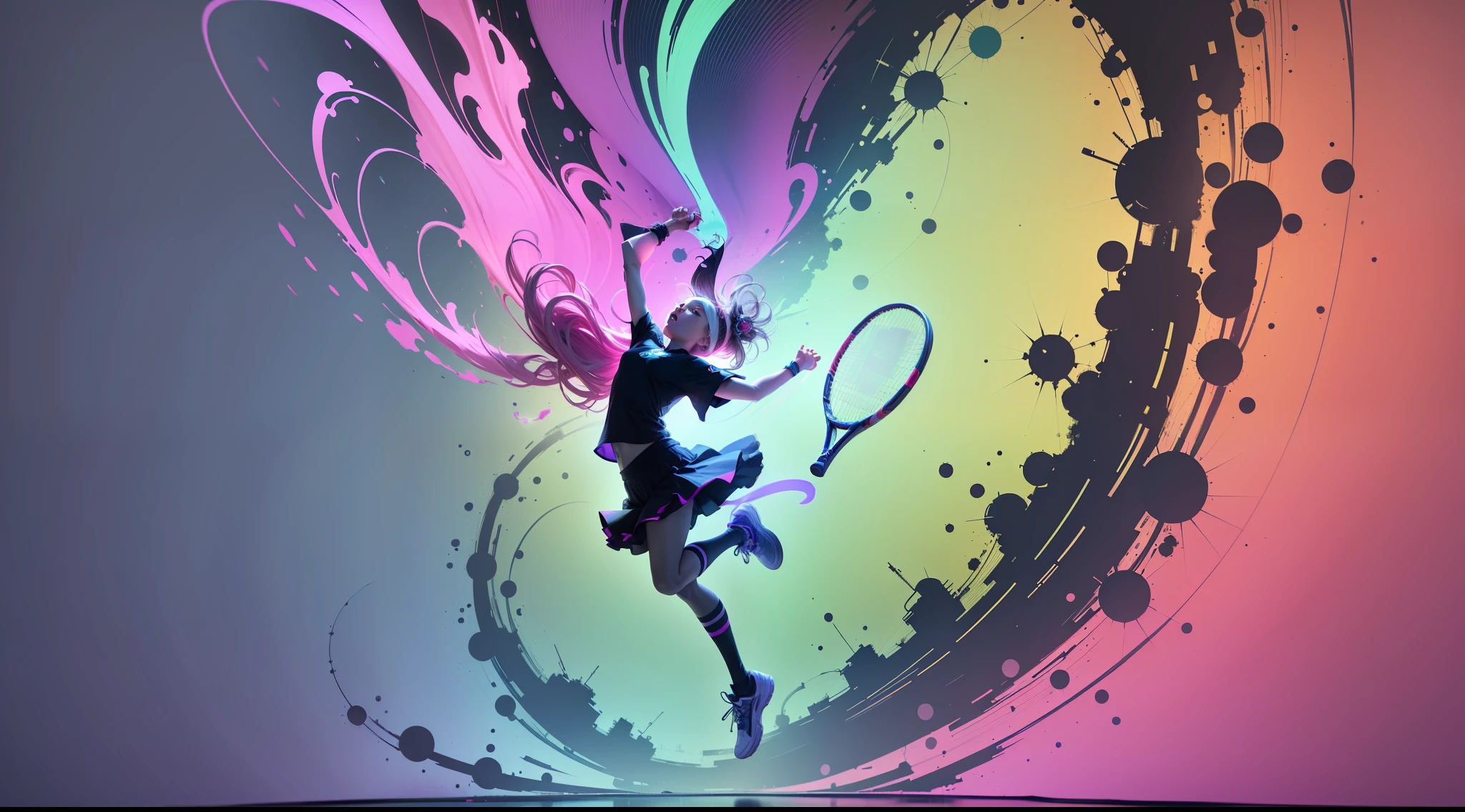 Character jumping up holding a tennis racket silhouette,jumpping,tennis ball,Tennis,Afterimage of the action, digital banner, vivid background, on simple background, website banner, Plain background, minimal background, Magenta and blue gradients,, basic background, Detailed background, wide image, Vibrant and dynamic, digital background,Pale color background,Small Fresh,Rejuvenating aesthetic --auto