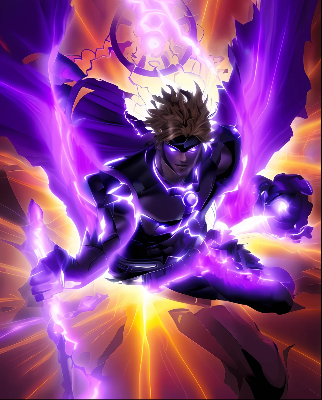 superhero demi god cool with purple rays in his hands, adulto descolado, superhero demi god, poderoso, cabelo marrom arrepiado, raios roxos em volta, raios nos olhos, personagem 2d, estilo quadrinhos