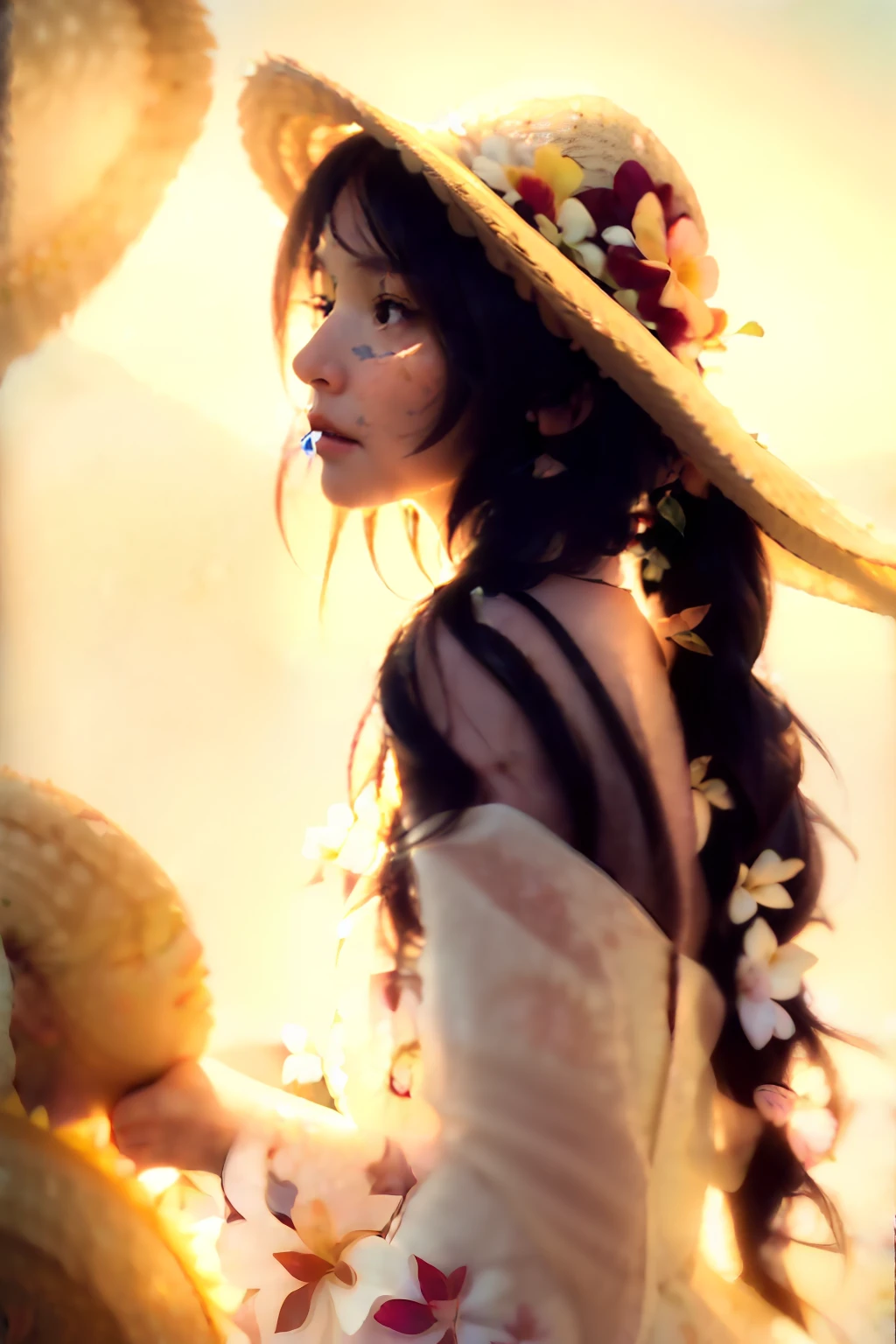 (extreme close up:1.5), (face focus:2),(Style of ???? ???:1.5),
((side face:2)),(1girl surrounded by soft_light:1.5), (backlighting:1.8), (lighting),(flowing fabric:1.3), ((Floral_summer_dress:1.5),(Straw_hat:1.3)),
(masterpiece), realistic, HDR, highly detailed, 8k, raw photo,
ambient occlusion, natural, harmonious composition, warm tones, fine art photography,
