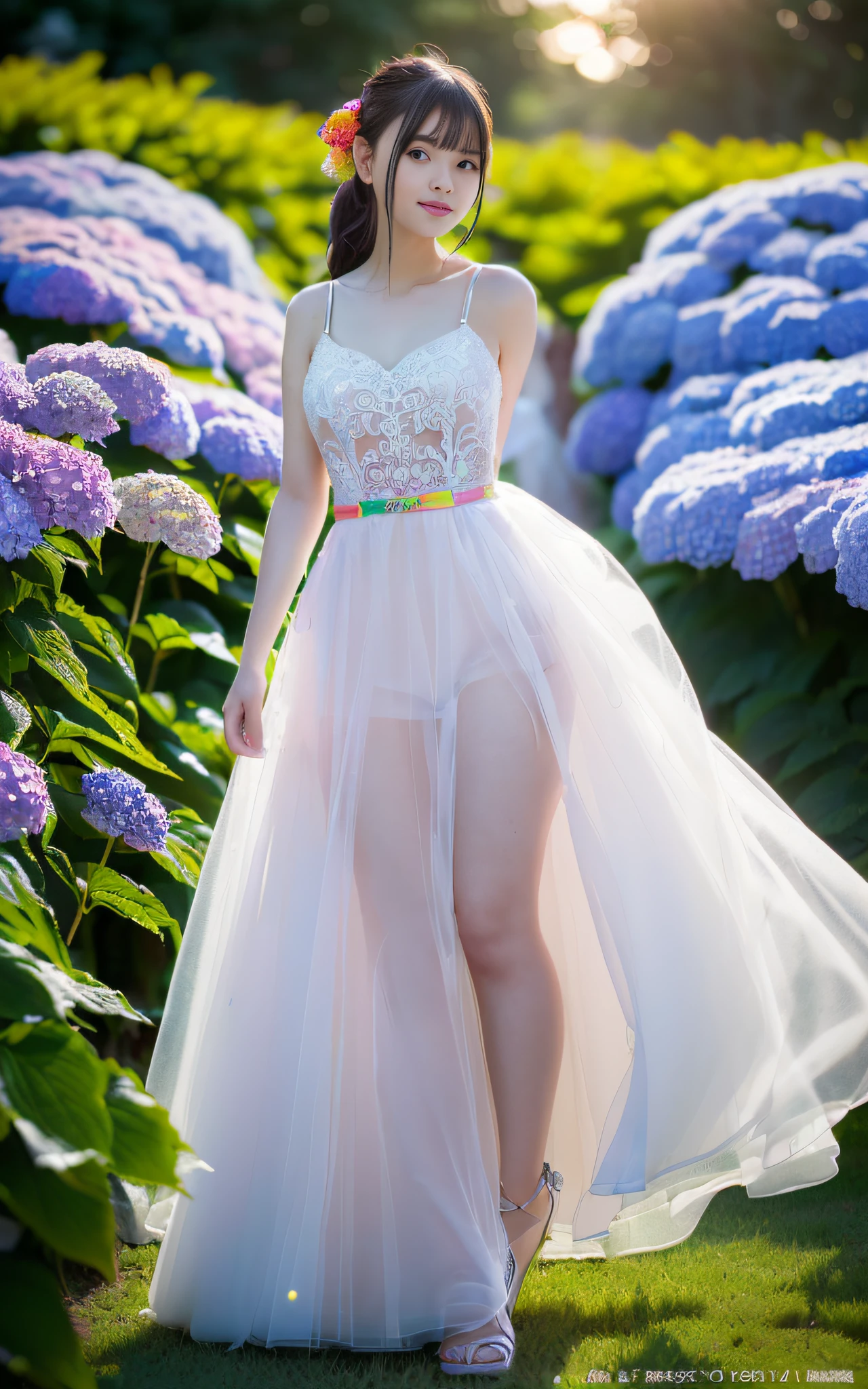 20 years old, twilight rays, wedding dress, corolla, (((Tokugawaen)), hydrangea front bokeh, bokeh, photorealistic, surrounded by hydrangeas, background dark, smiling, (one girl), (sunset: 1.3), (8k, raw photography, best quality, masterpiece: 1.2), (realistic, photorealism: 1.37), best quality, ultra high resolution, (focus plane: 1.8), ( Portrait: 1.7), (Intense:1.1), (Details:1.1), (Highest Quality), (Analog:1.2), (High Sharp), Canon EOS R Photography, (Summer Dress:1.4), (Standing in a Flower Garden:1.3), (Vivid and Colorful:1.3)