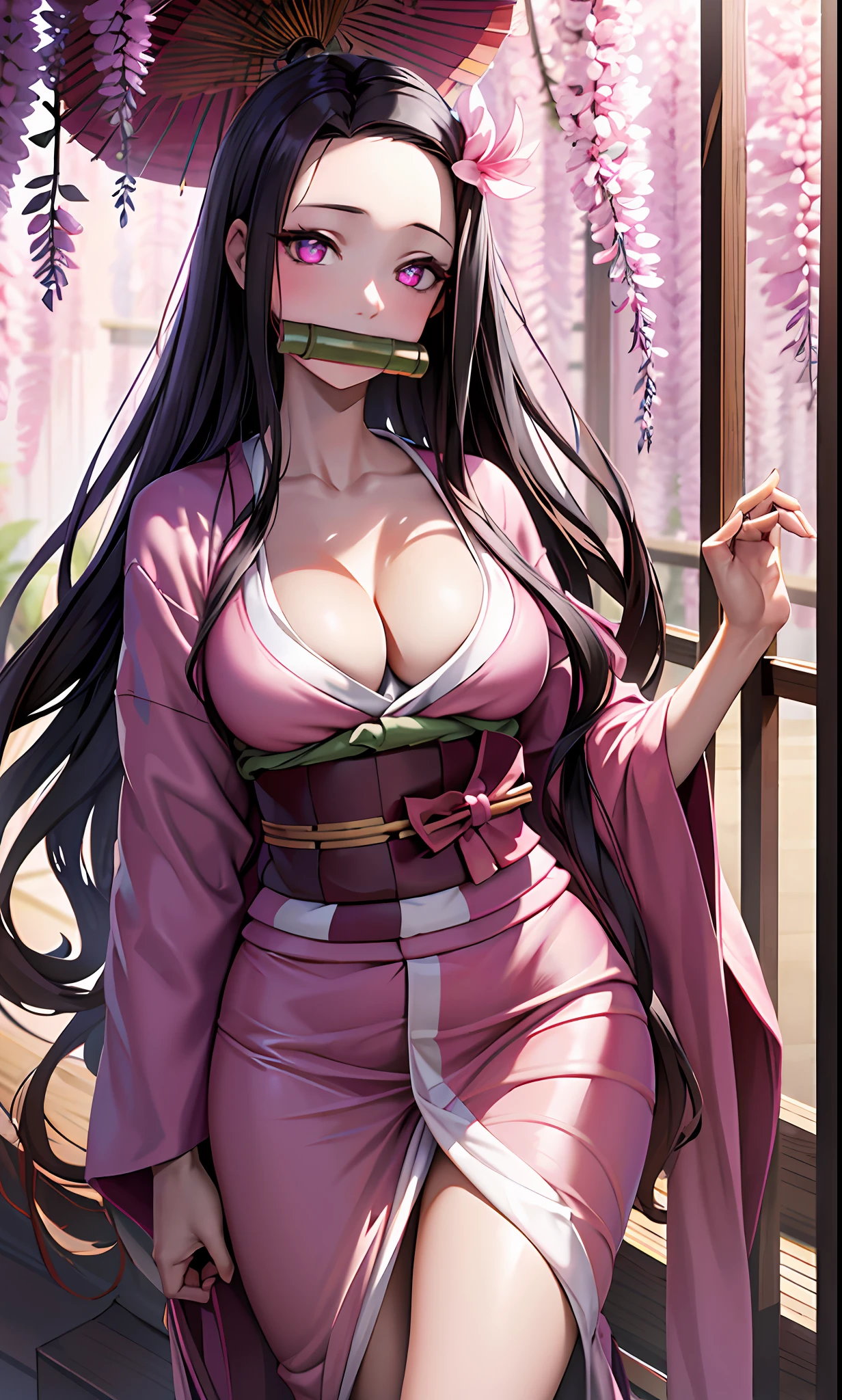 masterpiece, (pink kimono), seductive face, good lighting, décolleté, fine details, masterpiece, glowing eyes, 1girl, black hair, gag, bamboo, Nezuko Kamado, wisteria background, masterpiece, best quality, POV, whole body, wide hips,