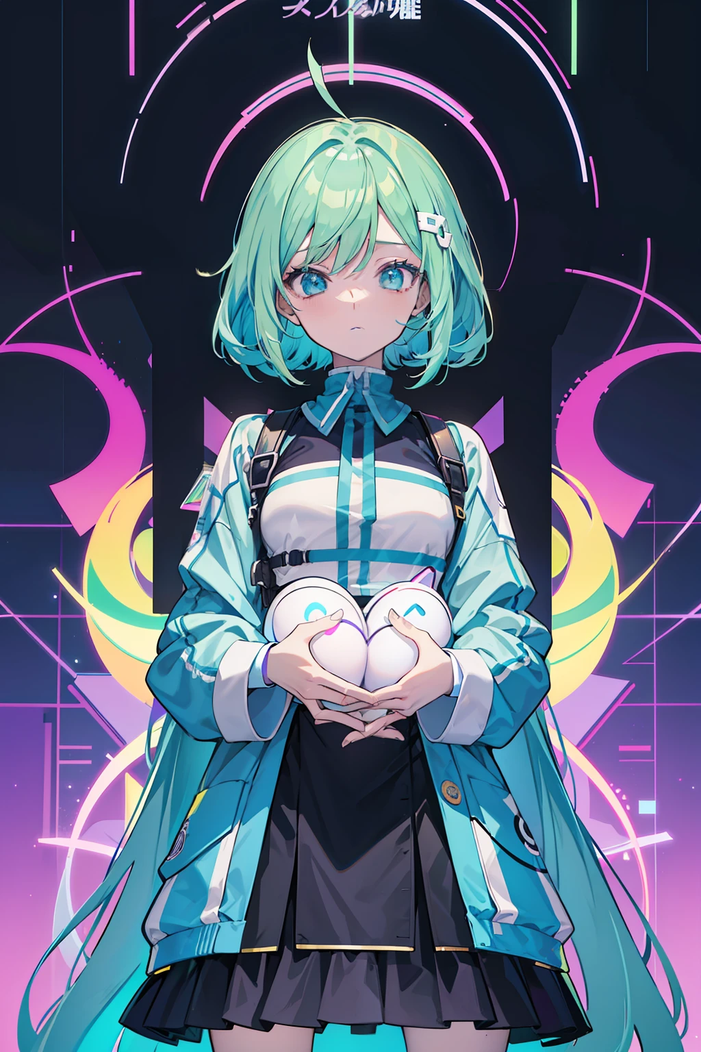 complex costume, Cool costume blueprint, intricate clothing, Green hair, Full body, ASCII art style girls, Aesthetic, still from anime, anime still image, Anime screenshot patterns, retro anime , beautiful girls face, Anime Girl, Low girl aesthetics, The aesthetics of anime in the 90s, digital anime, Beautiful cute lighting, Looking at Viewer, Full body, Simple hair, The aesthetics of vaporwave, Anime, ?? pixel art, Pixel art, Streetwear Design, Provector, Pixel ??-bit style, Full Design, Only 5 colors, solid color, No shadows, Full Design, neon color, Bright colors, Galactic Environment, Whimsical capture, in 8K, Vivid, Ultra Details, colorful lighting, Surreal Photography, Portrait, Fancy, Cute, Bob Hair, Neon light, Colored inner hair, youthfulness, 10`S, neon color, It features a simple, No face
