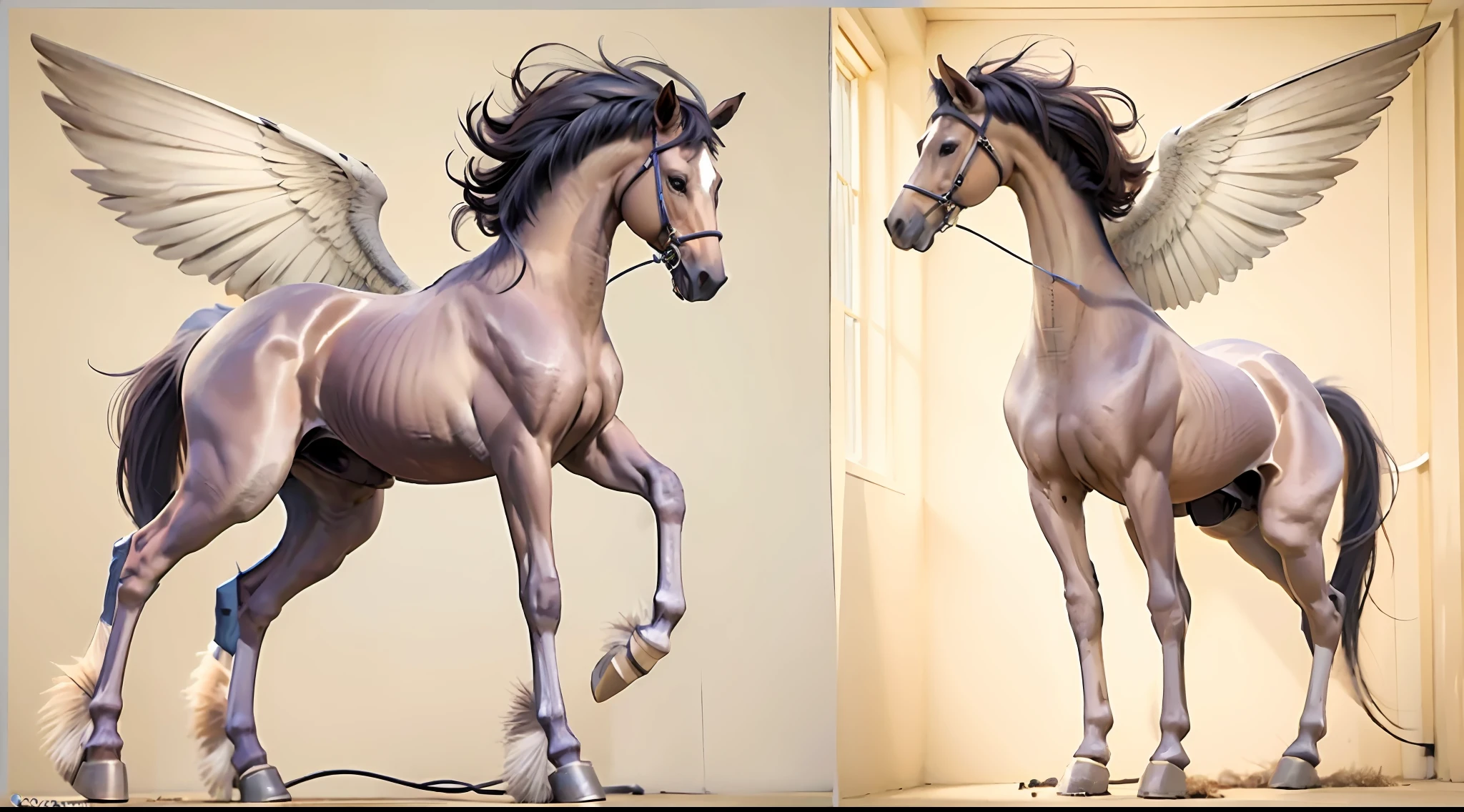 A female centaur,She is famous in the multiverse,She is both a female centaur, half human, half horse, half horse,It is also a female Yingzhao。She blends both images,The first is the head of a horse/neck/Shoulder these parts,After feminization,The upper body transforms into a beautiful female human,Female, half-centaur, half-human, half-horse, half-human,The second is the waist of the horse/hason/gluteal/Legs feminine,Female half-horse with beautiful woman's,Chimer,It's like a female human wearing a half-horse-like costume and making a seamless chimera,This chimerization is based on powerful futuristic technology。The ultra-wide-angle lens captures the image of her sleek and ethereal wings charging and leaping on the ionosphere。Her front half is distinctly feminine,Tall sexy body,Has K cup teardrop-shaped giant tit chest,It has a small man's waist butterfly spanning long legs,The half-horse part of the hind body,Embedded interface in the front half of the body hip position。The back half of her body is horse-shaped,Half-horse torso,The morphology is completely female and humanized,Start at the upper end of the sternum,Embedded in the lower back position of the beauty body,Sexy bent dog style shaped chest/lower back/Ventral transverse,Then there are the sexy beauty's upright hips,Her entire body has been completely feminized,Including the half-horse part,Mechanized armor covers the knee-shaped anti-joints and feet,And these parts are highly anthropomorphic,This gives her legs a graceful and slender line,She has four slender legs like a supermodel,Under the legs are skinny white feet dressed in Skyscraper Heels,Use Midjourney's advanced stroke tools and color palettes, as well as texture packs, model packs, and texture tools,Concentration,Femaleize all parts of her original equine physiologic appearance,And give these parts an ergonomic appearance,Fine treatment of the thoracic and abdominal cavity of the posterior body,As well as hips and legs,Tightly connected details