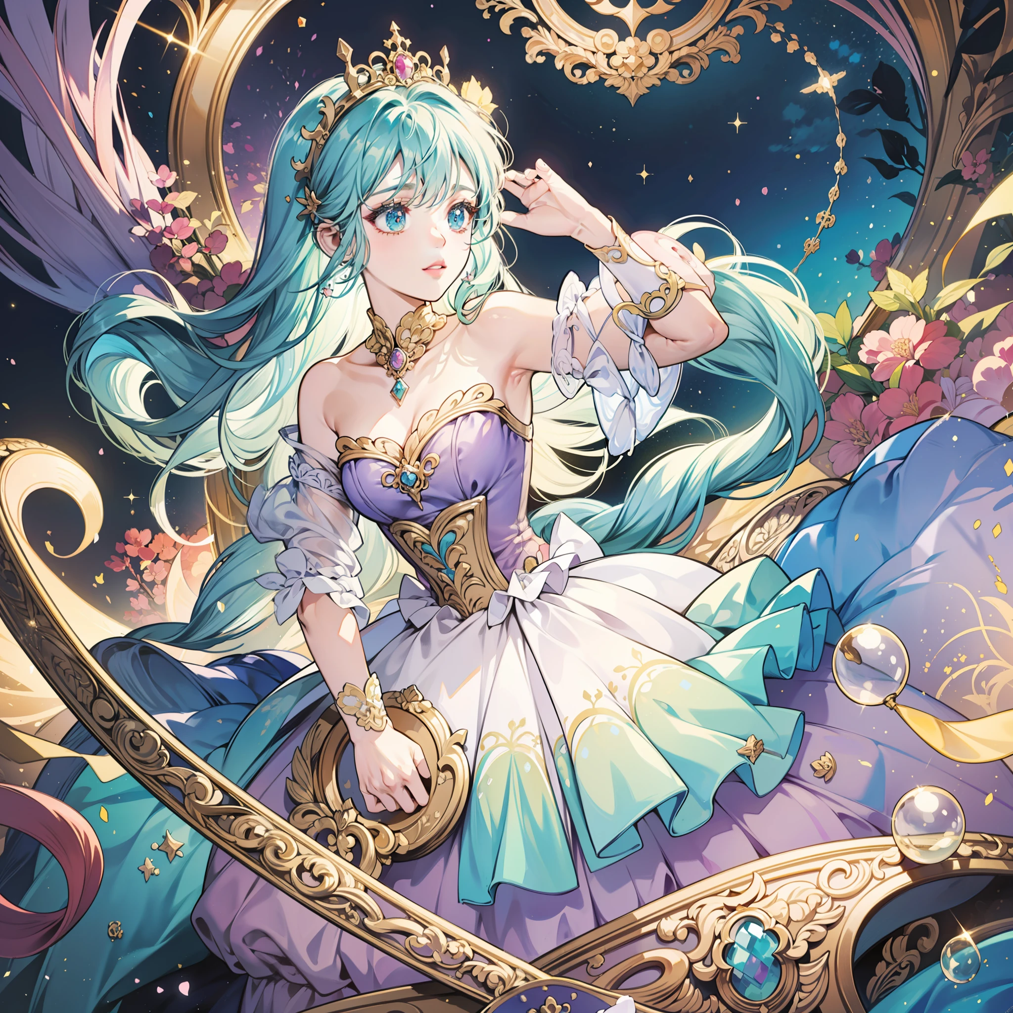 masterpiece, best quality, 8k resolution, sharp focus, intricate detail, beautiful girl, sparkling eyes, golden ratio face, otherworldly liquid, watercolor, ((pastel colors)), bright colors, whimsical, colorful, sharp focus, high resolution, fine detail, princess fantasy ballgown, ((round eyes)), iridescent bubbles, castle landscape in background