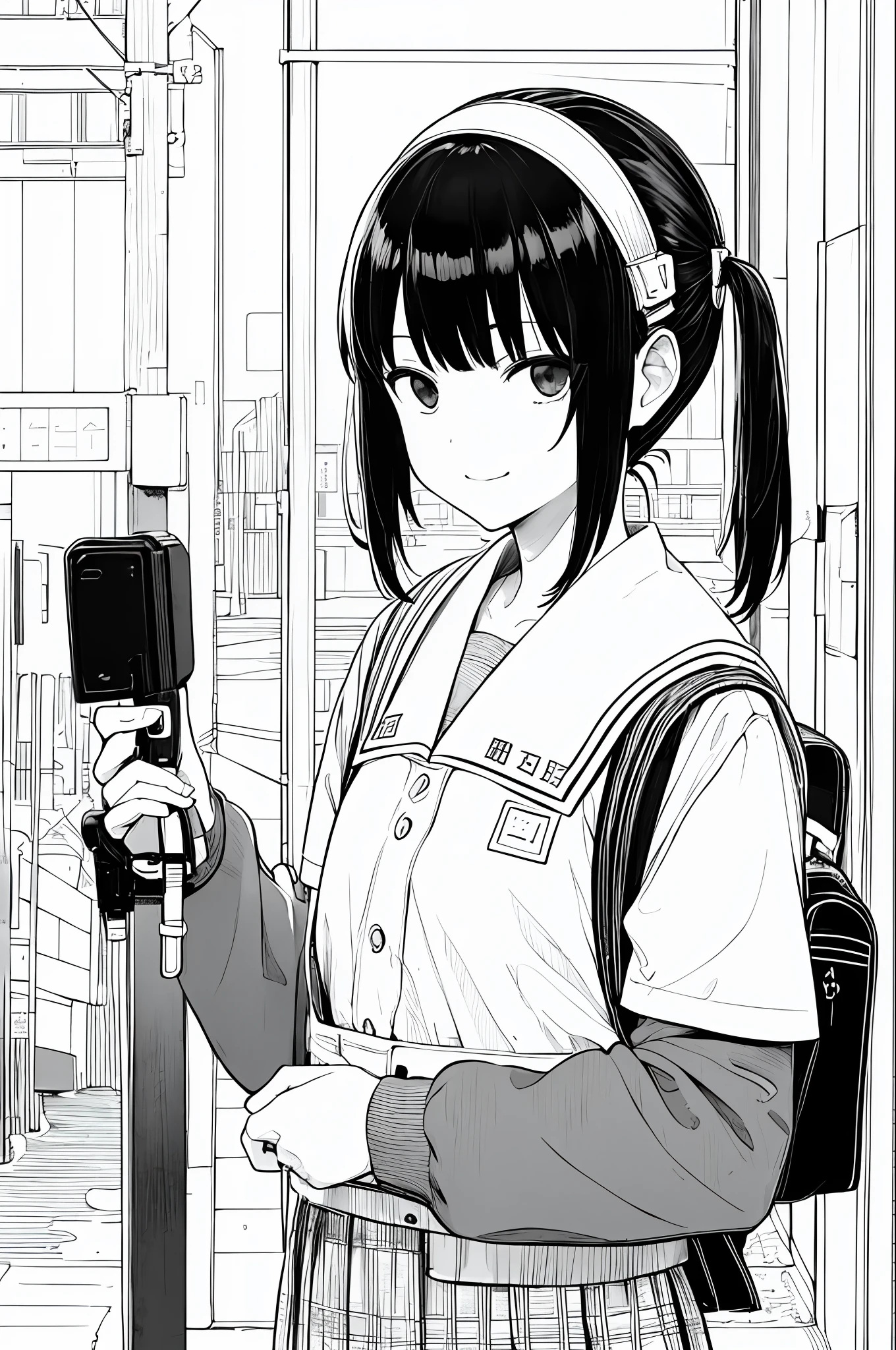 masterpiece, top-quality, 1girl in, 校服, A slight smil, a school bag, A dark-haired, Black eyes, cyberpunked, a street, monochromes, line-drawing