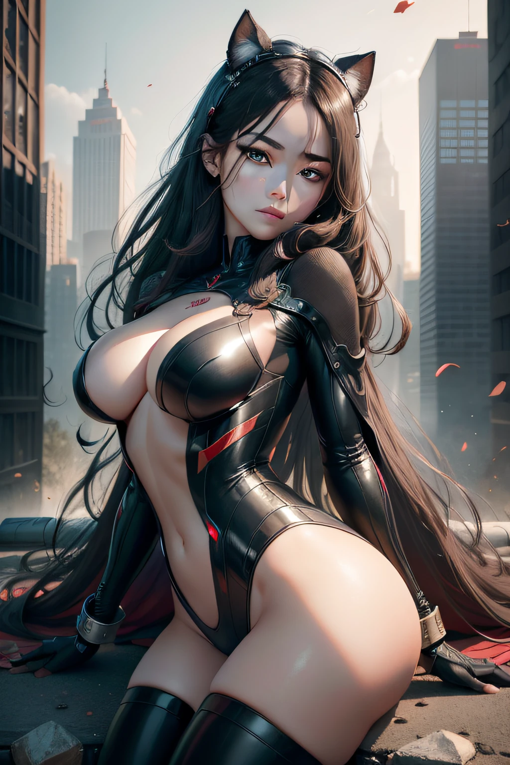 （1girl：1.3）， 独奏， （（（very vey very detailed face））），（（very detailed eyes and faces））），beatiful detailed eyes，Body parts__，offcial art，Unified 8k wallpaper，ultra-detailliert，Beautiful and beautiful，big breasts beautiful，tmasterpiece，best qualtiy，primitive，tmasterpiece，ultra fine photos，best qualtiy，超高分辨率，photorealistic realism，rays of sunshine，full-body portraits，stunningly beautiful，，dynamicposes，delicated face，vibrant eyes，（from the front side）， she is in a spider-man suit，Red and black color scheme，arachne，Very detailed city roof background， Roof，looking over city，详细的脸，detailed complex busy background，untidy，opulent，milkyW，highly detailedskin，Realistic details of skin，Visible pores，Clear focus，volume fog，8k uhd，digital SLR camera，high qulity，filmgrain，White skin of the，photo-realism，lomography，A huge metropolis of the dystopia of the future， semi transparent，emperor