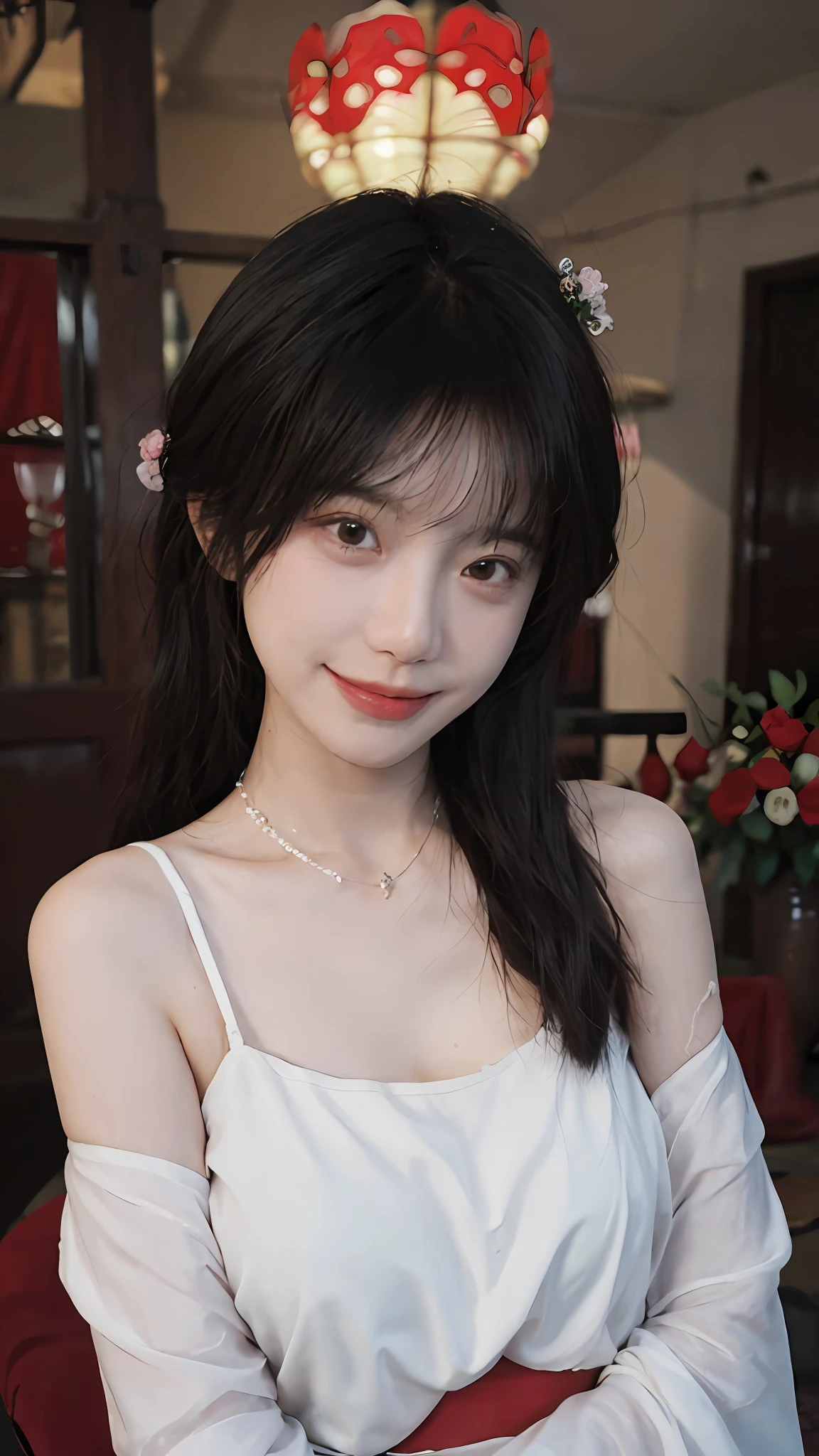 best qualtiy， 超高分辨率， （realisticlying：1.4），cute hairpin，Baoyu Girl，Stand in the wedding hall，Wearing a red wedding dress，（flatchest：1.1） ，A pair of clear and moving peach blossom eyes,Royal Sister，sunshine on face，Big wavy hairstyle，（choker necklace：1.2），（Fair skin：1.4），a sense of atmosphere，a beauty girl， Charming smile，head straight-looking at viewer， closeup cleavage ，(Photorealistic:1.4),1girll,Sexy,(Upper body:1.4),(Wet body),(:1.2)