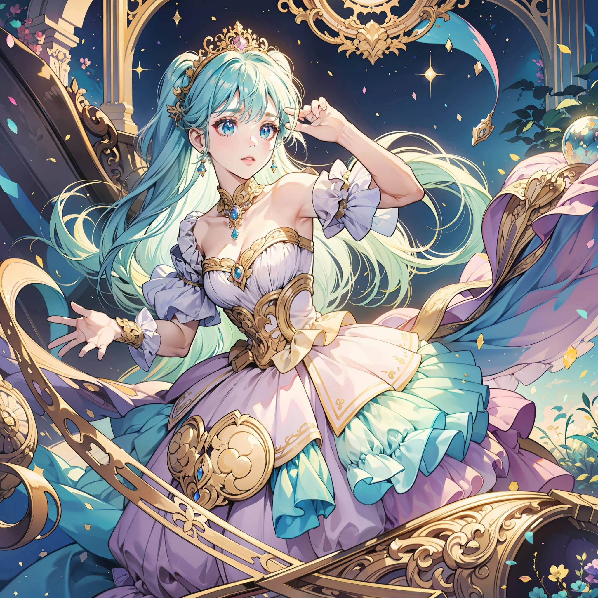 masterpiece, best quality, 8k resolution, sharp focus, intricate detail, beautiful girl, sparkling eyes, golden ratio face, otherworldly liquid, watercolor, ((pastel colors)), bright colors, whimsical, colorful, sharp focus, high resolution, fine detail, princess fantasy ballgown, ((round eyes)), iridescent bubbles, castle landscape in background