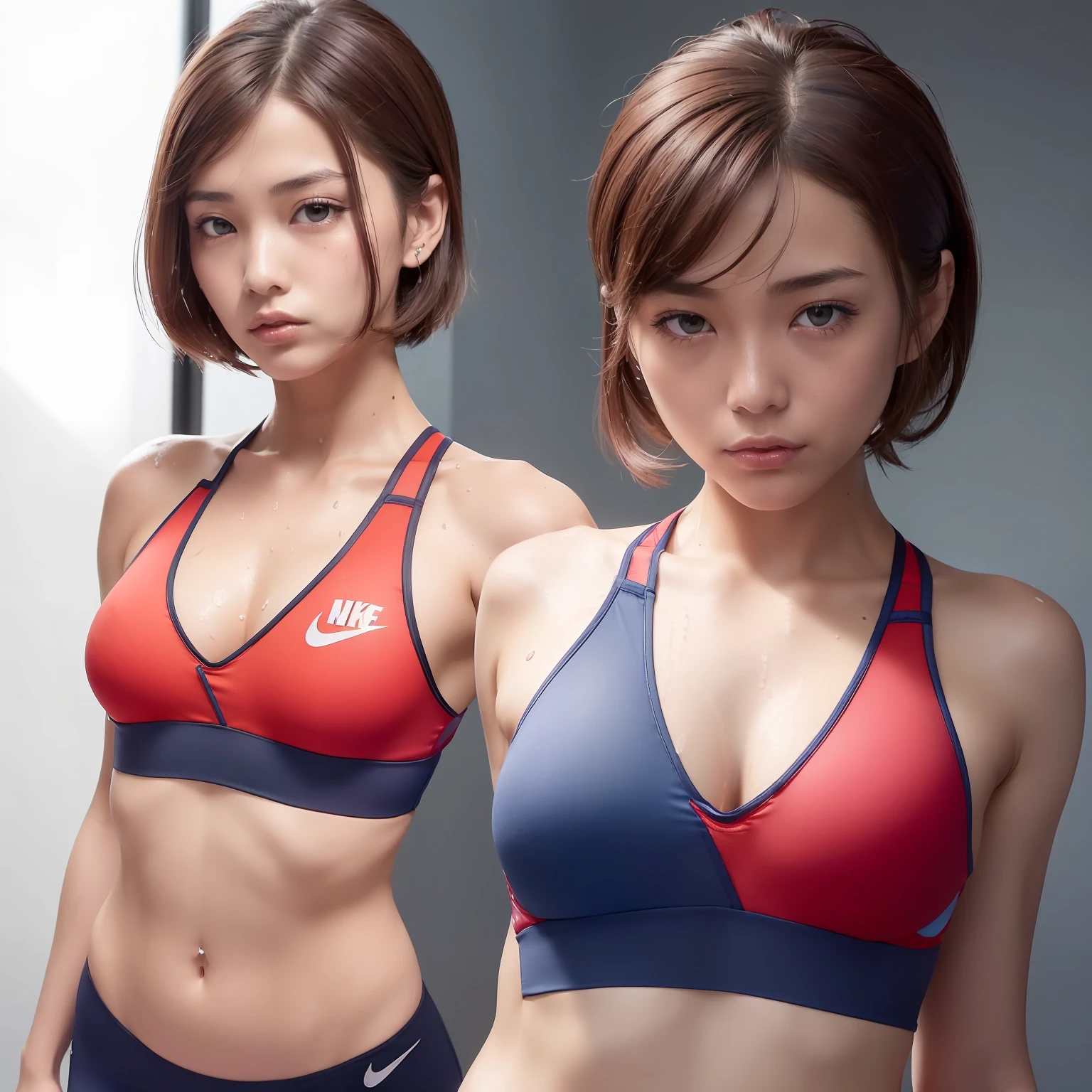 (solo), (a detailed full body RAW photo of a girl), (masterpiece:1.0), (best quality:1.4), (ultra highres:1.2), (photorealistic:1.4), 8k resolution, Canon EOS R5, 50mm, absurdres, ultra detailed, (25year old), japanese athlete sharp focus, cinematic lighting, detailed beautiful face, (no make up:1.2), (ulzzang-6500-v1.1), petite figure, detailed skin texture, flat chest, (skinny and fit body:1.6), detailed brown hair, sweltering,(very short hair:1.5), smiling face, very thin see-through wear, (very small and simple and brihit red and blue nike competition athletic wear:1.5), low rise, (nipple protrusion on see-through sports bra:1.5), realistic glistening skin, (sweating:1.45), detailed nipples texture, (no bra:1.8), dynamic porse with emphasized the crotch (Crotch streaks and stains),