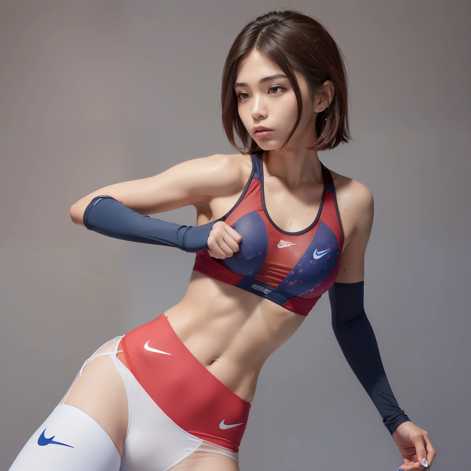 (solo), (a detailed full body RAW photo of a girl), (masterpiece:1.0), (best quality:1.4), (ultra highres:1.2), (photorealistic:1.4), 8k resolution, Canon EOS R5, 50mm, absurdres, ultra detailed, (25year old), japanese athlete sharp focus, cinematic lighting, detailed beautiful face, (no make up:1.2), (ulzzang-6500-v1.1), petite figure, detailed skin texture, flat chest, (skinny and fit body:1.6), detailed brown hair, sweltering,(very short hair:1.5), smiling face, very thin see-through wear, (very small and simple and brihit red and blue nike competition athletic wear:1.5), low rise, (nipple protrusion on see-through sports bra:1.5), realistic glistening skin, (sweating:1.45), detailed nipples texture, (no bra:1.8), dynamic porse with emphasized the crotch (Crotch streaks and stains),