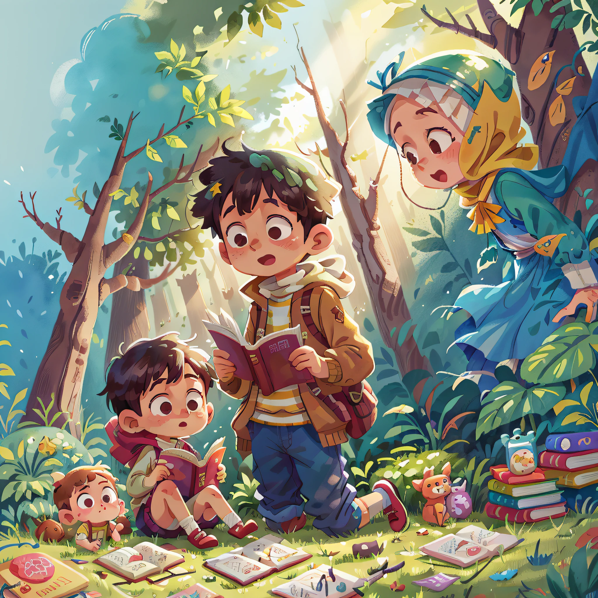 Watercolour. Boy and hijab girl read a books, full body, in forest, sunny, perfect quality, (mess-house: 0.8), (masterpiece: 1.2) (Realistic: 1.2) (Bokeh) (Best quality) (Detailed skin: 1.3) (Intricate details) (8K) (Detail Eyes) (Sharp Focus), (Happy)