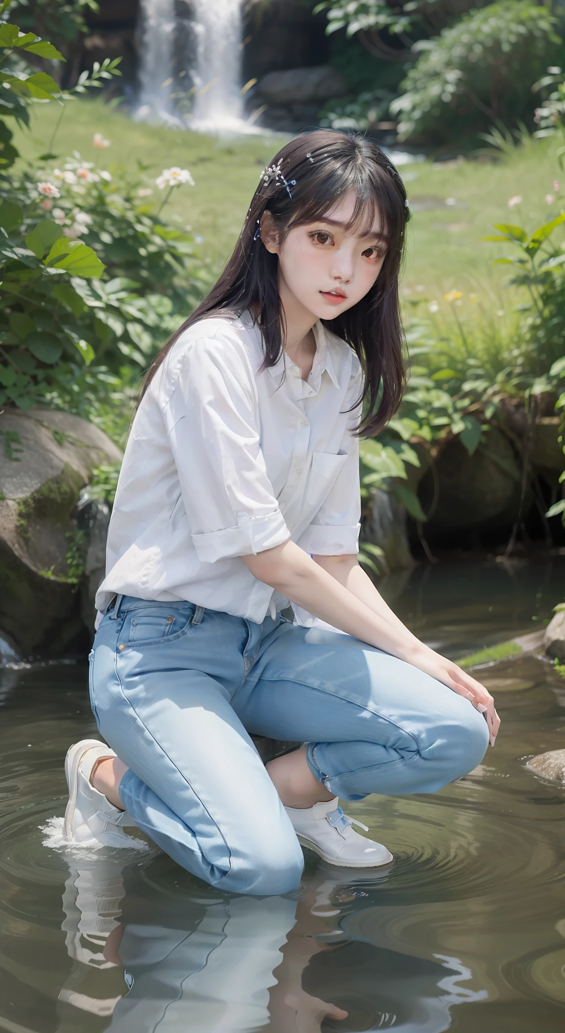 Arafad Asian woman crouched in the river,The background is a waterfall, kawaii shirt and jeans, Young Asian girl, white shirt and jeans, White shirt and blue jeans, portrait of a japanese teen, Korean girl, A young Asian woman, korean women's fashion model, young and cute girl, Cute young girl, Japanese model, Casual pose, Chinese girl