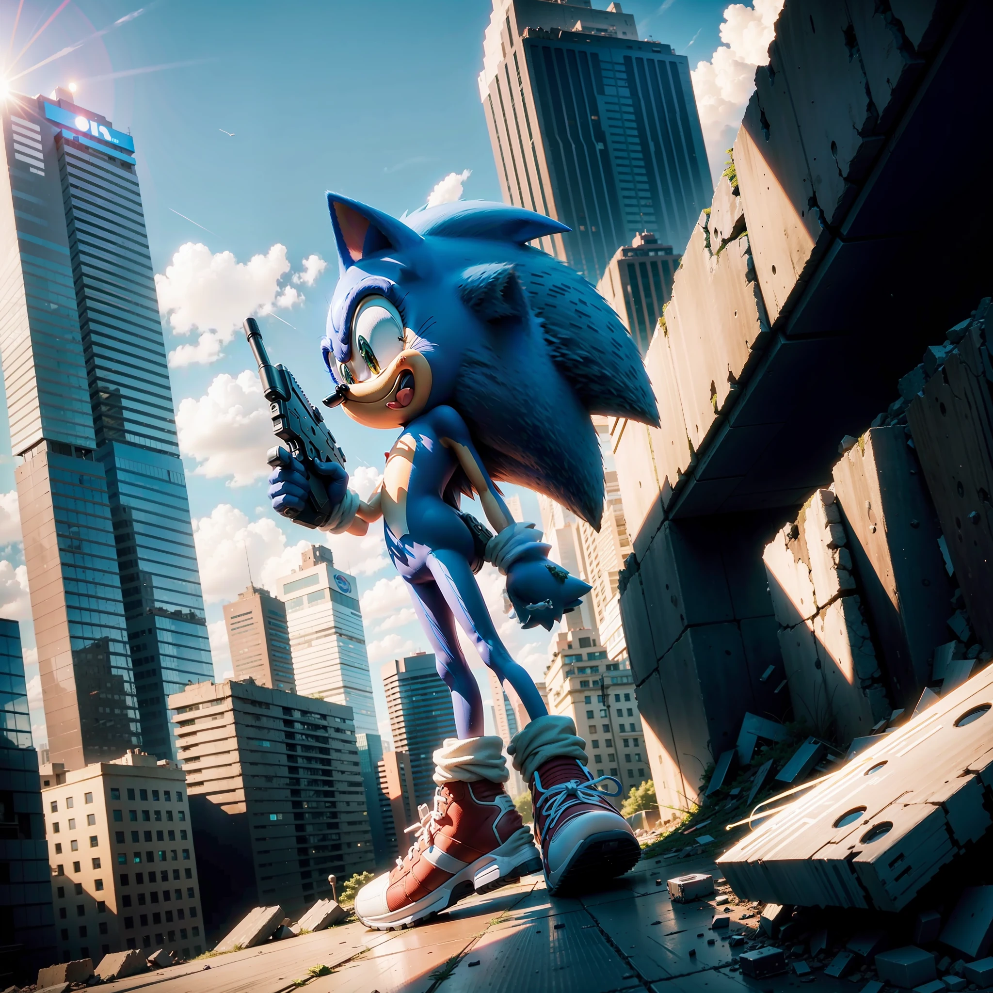 Sonic, holding gun, 4K, vivid, gun pointed at camera, Hedgehog, blue, city street background, standing on rubble, masterpiece quality, cartoon like