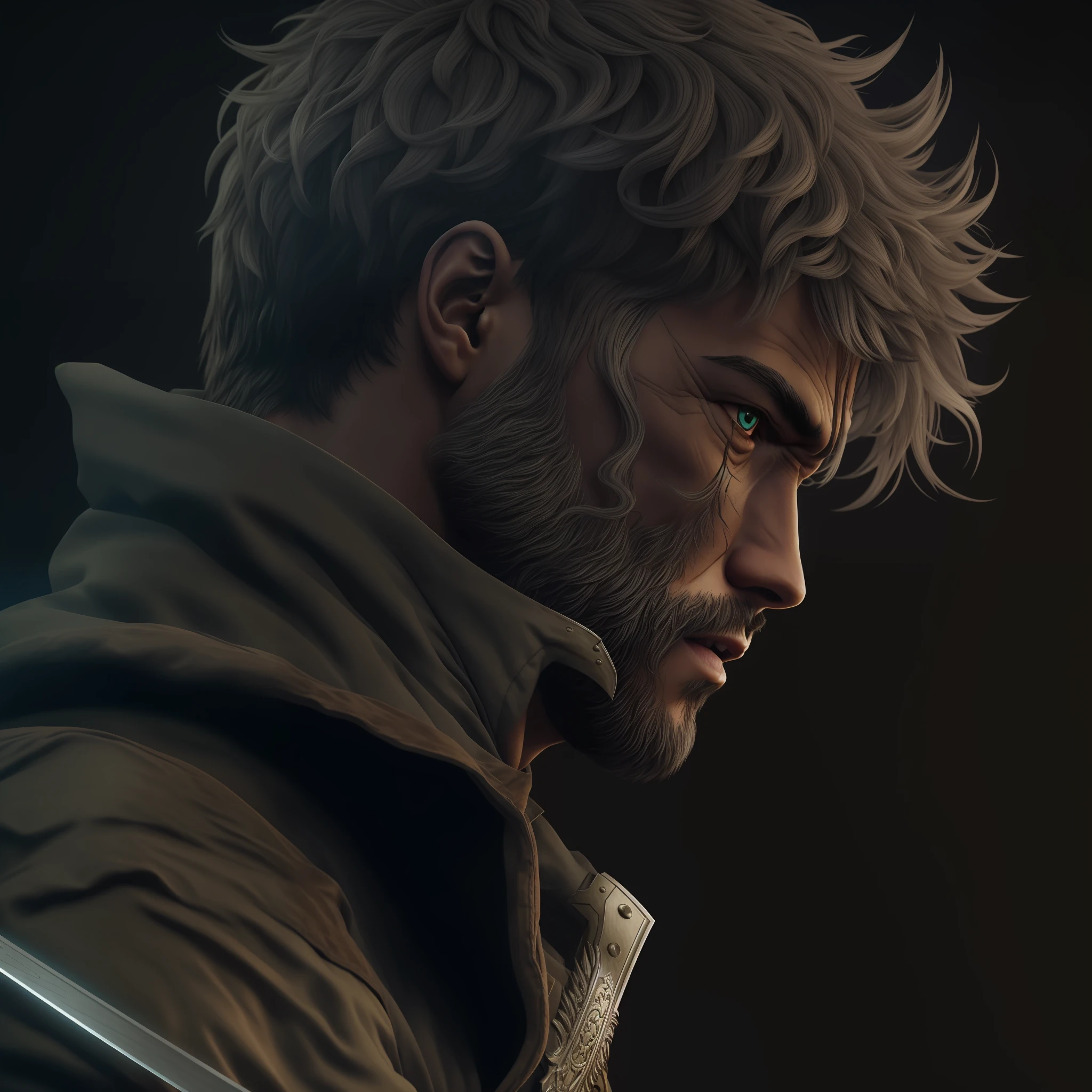 Guts , homem depressivo, guerreiro sombriou , ultra realismo , espada enorme , leone,  corajoso,  8k , ultra hd , realismo , personagem ps5