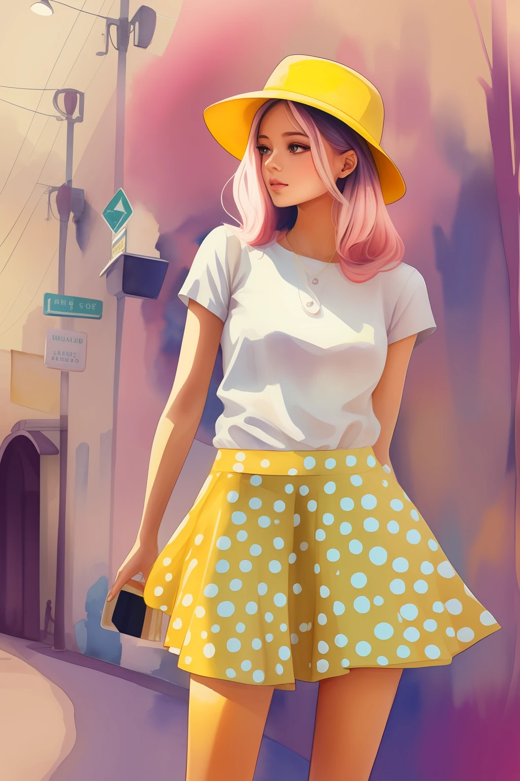 a painting of a mulhrer in a yellow shirt and polka-dot skirt studding a pink hat, watercolor illustration style, trending on artstration, Estilo de desenho bonito, a beautiful artwork illustration, Primavera da Europa, estilo de arte bonito, cute illustration, full-colour illustration, hand painted cartoon art style, estilo aquarela, fanart menina urbana, inspirado em Ma Yuanyu, exciting illustration, estilo de desenho
