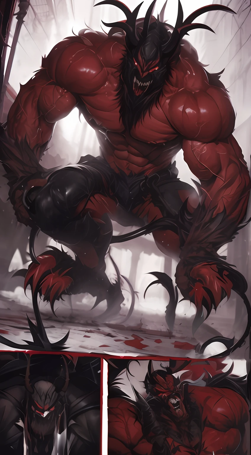 A close-up of a red demon with horns and a devilish face, Venom square, fat ripped satanic creature, full art, villain wearing a red oni mask, Gabriel del Otto, demon berserker, muscled humanoid balrog demon, guillem h. pongiluppi, massacre, inspired by Ryan Barger, Inspired by Simon Beasley, youkai