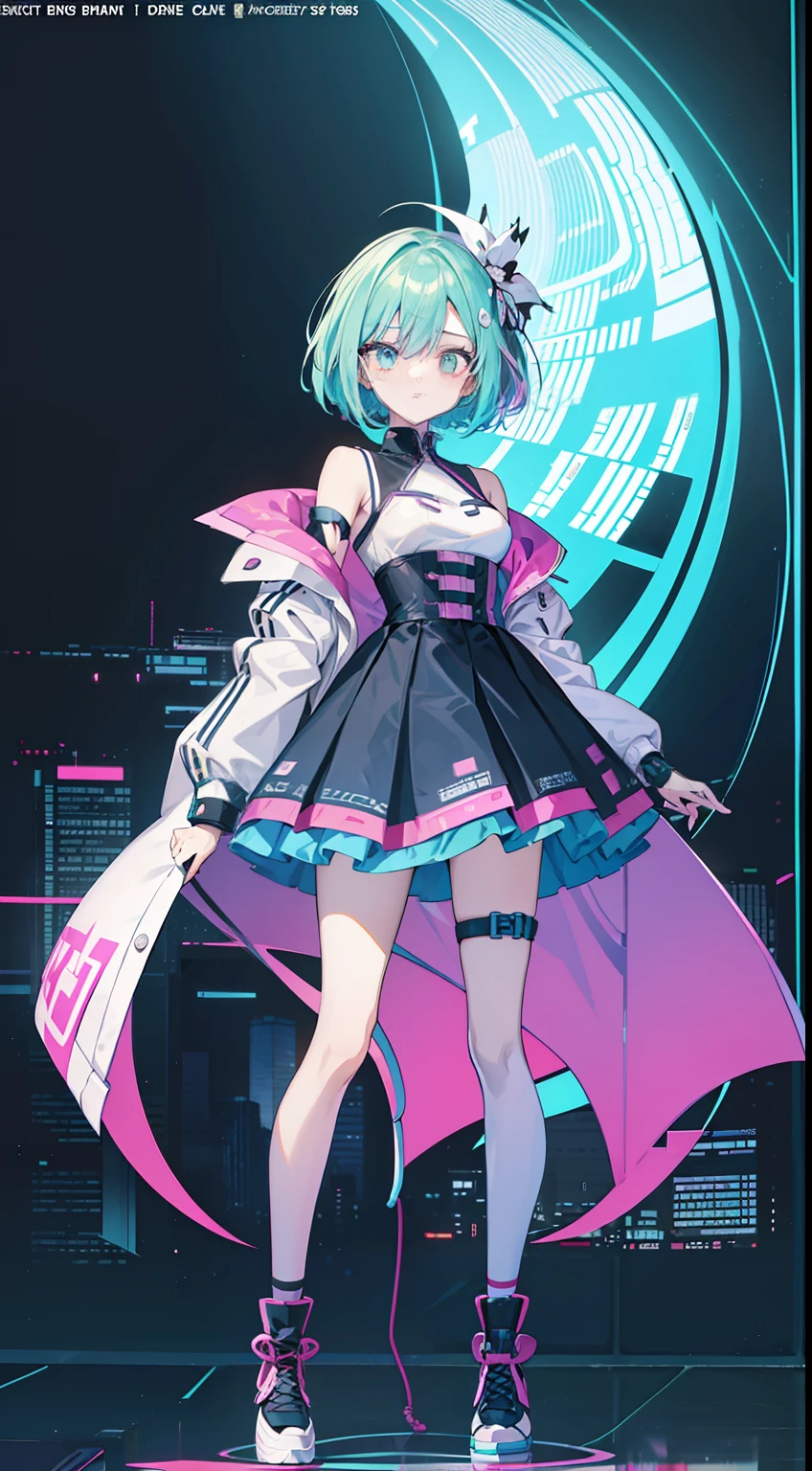 Sharper, Delicately, complex costume, Cool costume blueprints, intricate clothing, Green hair, Full body, ASCII art style girls, Aesthetic, still from anime, anime still image, Anime screenshot patterns, retro anime , beautiful girls face, Anime Girl, Low girl aesthetics, The aesthetics of anime in the 90s, digital anime, Beautiful cute lighting, Looking at Viewer, Full body, Simple hair, The aesthetics of vaporwave, Anime, 64 pixel art, Pixel art, Streetwear Design, Provector, Pixel 64-bit style, Full Design, Only 5 colors, solid color, No shadows, Full Design, neon color, Bright colors, Galactic Environment, Whimsical capture, in 8K, Vivid, Ultra Details, colorful lighting, Surreal Photography, Portrait, Fancy, Cute, Bob Hair, Neon light, Colored inner hair, youthfulness, 10`S, neon color, It features a simple, No face
