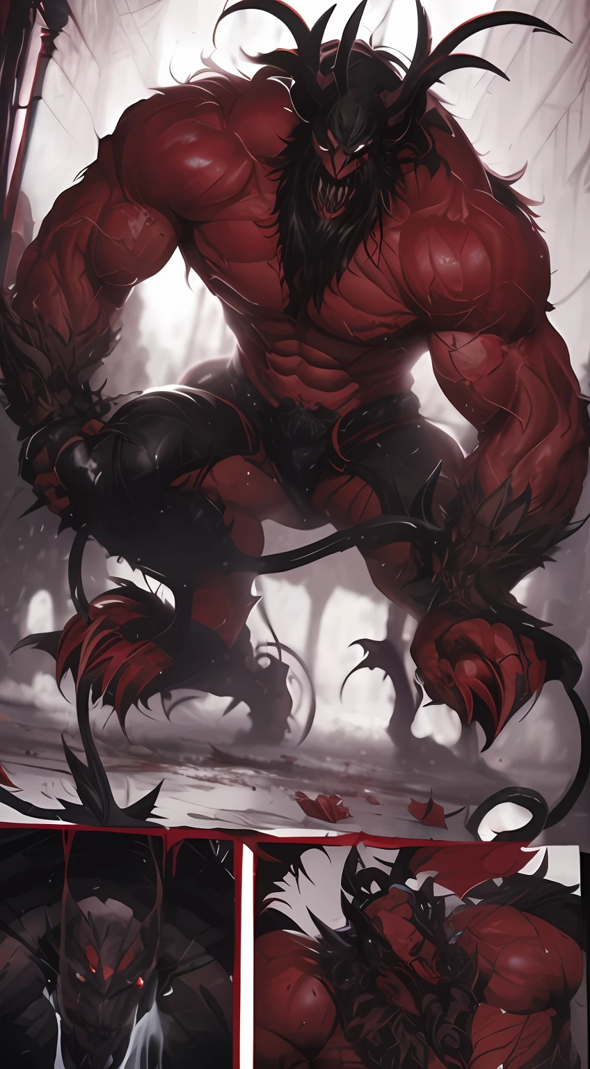 A close-up of a red demon with horns and a devilish face, Venom square, fat ripped satanic creature, full art, villain wearing a red oni mask, Gabriel del Otto, demon berserker, muscled humanoid balrog demon, guillem h. pongiluppi, massacre, inspired by Ryan Barger, Inspired by Simon Beasley, youkai