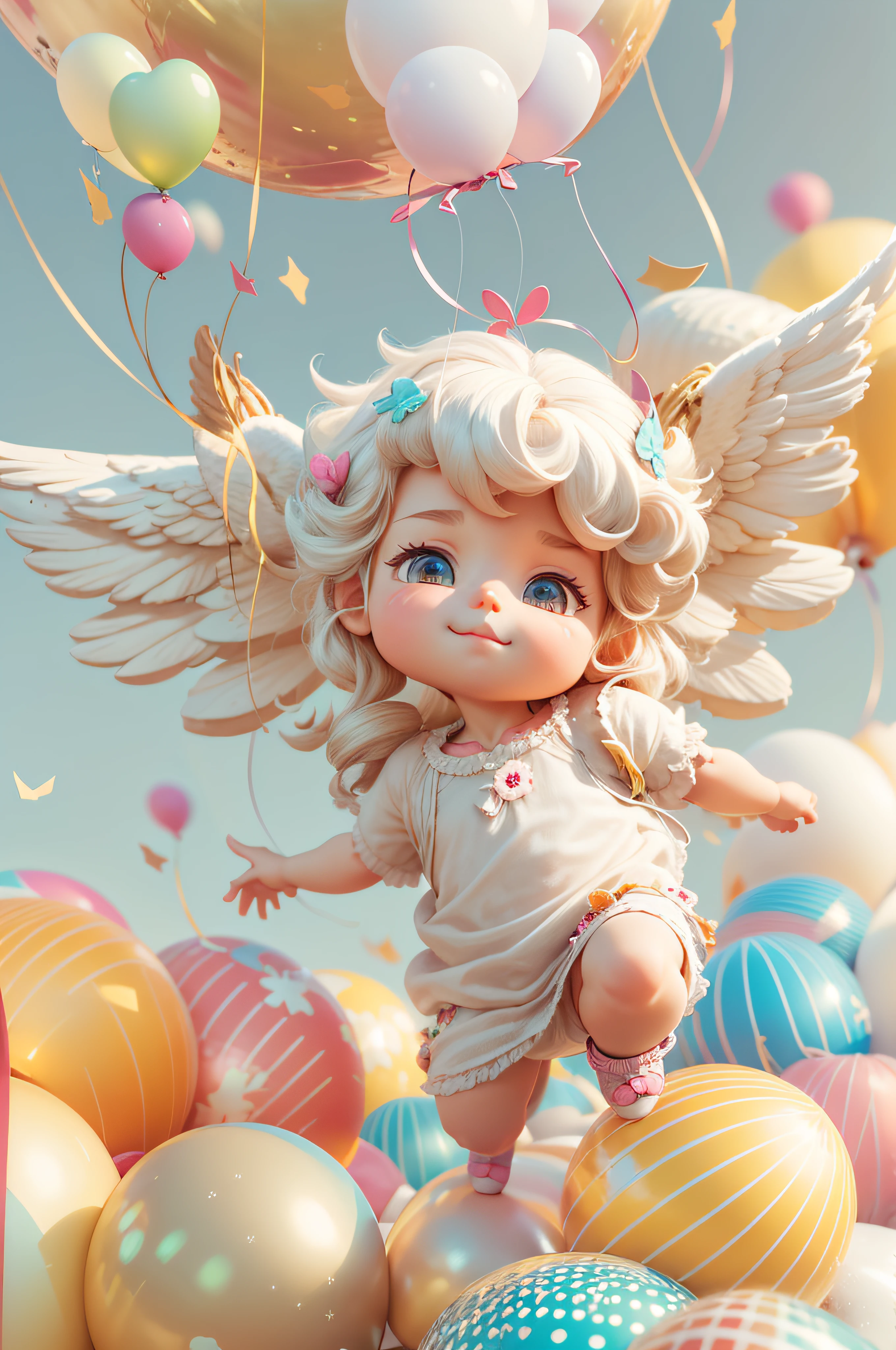 3d style, a cute cupid with angel wings, flying among colorful balloons in sunny day