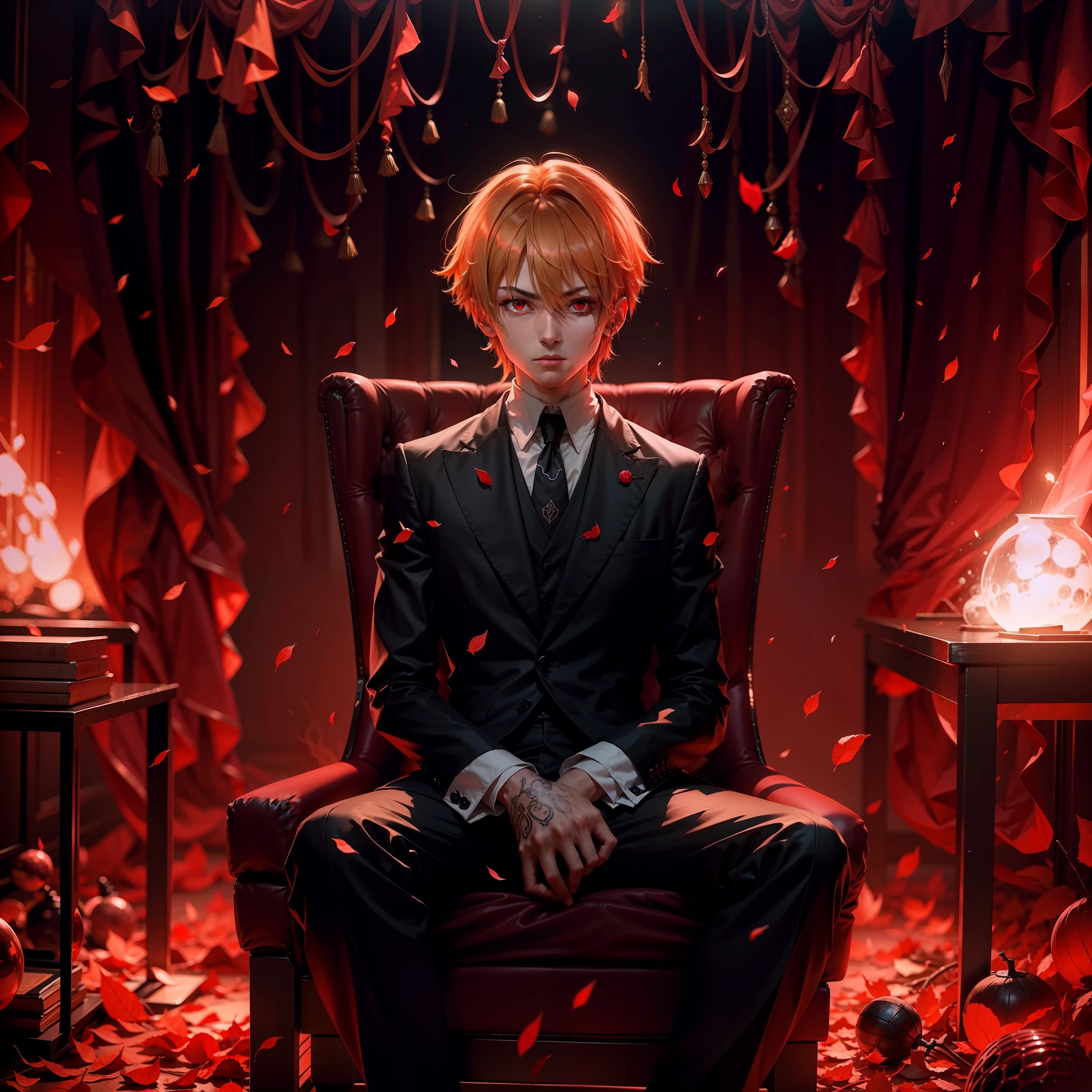 BREAK Kurapika, 1boy, male, in darkness, eyes glowing red, sitting in chair, staring at camera, hunched over in chair body towards camera, menacing, high detail,  red particles from eyes, in pitch black room, black suit, legs pointed towards camera, high detail eyes