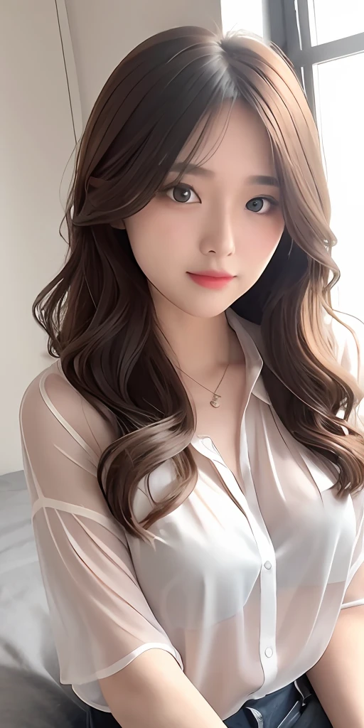 One girl sitting on the windowsill、Mix 4、Unbuttoned see-through shirt blouse、PILLOWS、s lips、Opening Mouth、realisitic、a picture_\(Curly\)、独奏、(​masterpiece)、(Photorealsitic:1.3)、ultra-detailliert、(high detal)The skin:1.2)、(top-quality:1.0)、(超A high resolution:1.0)、(Orchan-6500:0.3)、Wavy detailed hair、length hair、rays of sunshine、(Beautiful detailed makeup)、(sexual excitement、red blush、Rough breathing:1.0) )、、(soft glow bloom:0.5)、no-bra、large full breasts