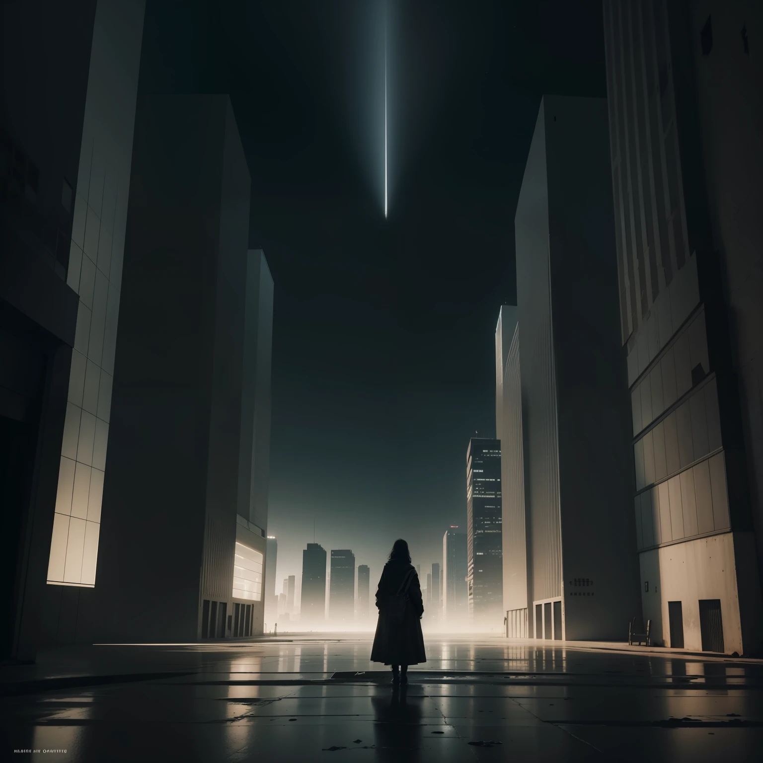scenecy: The city will be portrayed in a panoramic perspective, com o horizonte urbano quase inteiramente escuro. The sky will be filled with bright stars, adding a subtle touch of light in the darkness.Buildings: Create striking skyscraper silhouettes, Urban buildings and structures, highlighting their shapes and contours in the absence of light. Sem nenhuma atividade humana, The buildings take on a lonely and desolate aura.Vias vazias: The streets will be completely empty, sem qualquer sinal de carros ou pessoas. Highlight the sense of abandonment and isolation that permeates the deserted night town.Details in the darkness: Use shadows and different shades of black and gray to create depth and shape buildings and landscape, adding subtle details in the darkness.melancholic atmosphere: The complete absence of light and human activity provides a melancholic and enigmatic environment, stimulating the reflection of the observer on the history of this deserted city.