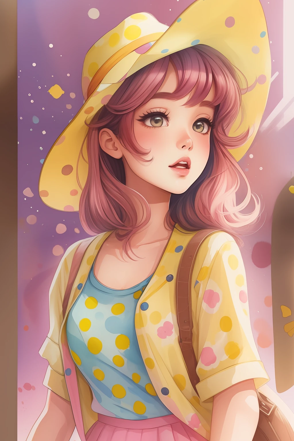 A cartoon girl in a yellow shirt and polka-dot skirt with a pink hat, watercolor illustration style, trending on artstration, Estilo de desenho bonito, a beautiful artwork illustration, Primavera da Europa, estilo de arte bonito, cute illustration, full-colour illustration, hand painted cartoon art style, estilo aquarela, fanart menina urbana, inspirado em Ma Yuanyu, exciting illustration, estilo de desenho
