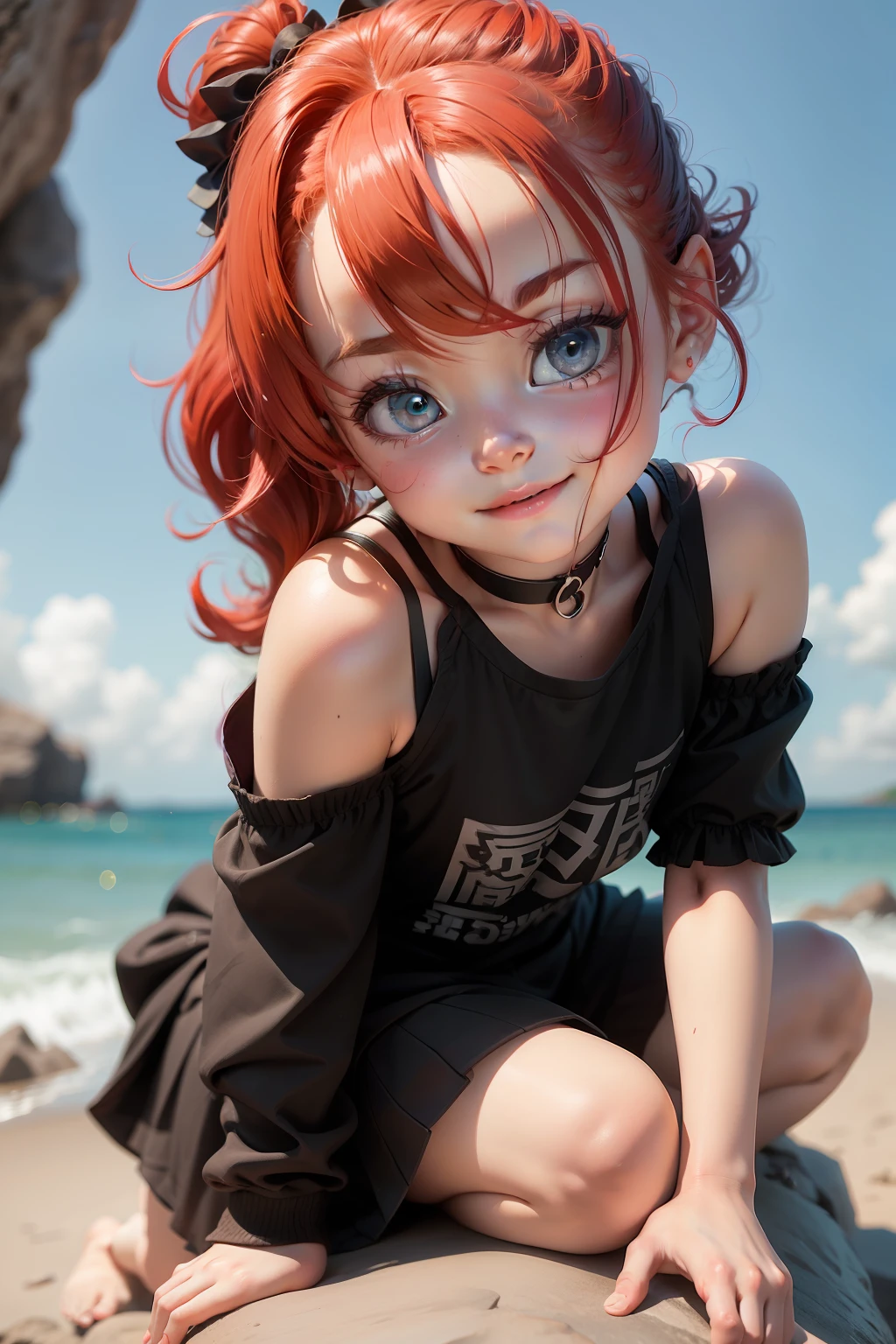 Blind box toy style,A cute girl,red tinted hair,Medium length shoulder hair,Happy,Black pupils,Light laughter,Light blue clean background,Flawless Face,Sit on a rock,avatar close up,looking at viewert。